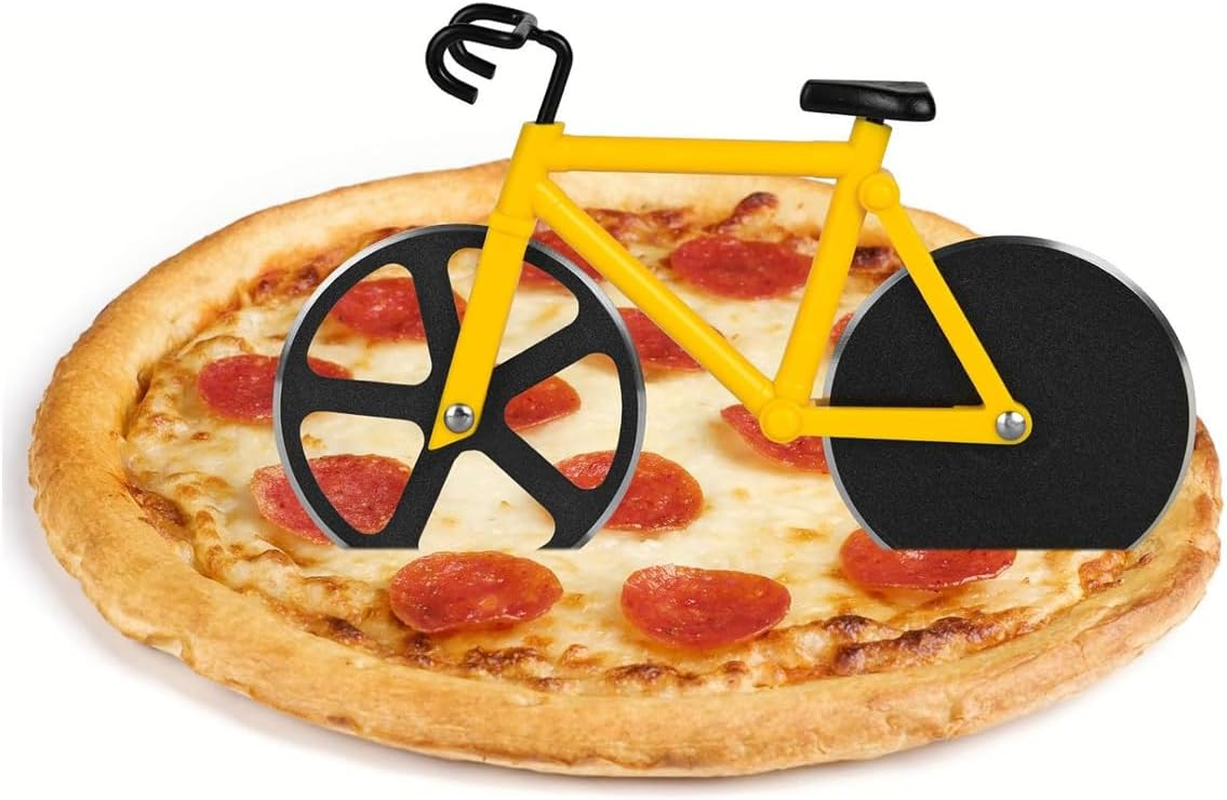 ANCLLO Bicycle Pizza Cutter Stainless Steel Wheel Cutter Double Slicer with Sharp Cutting Wheel and Stand for Kitchen Parties Yellow image number 1