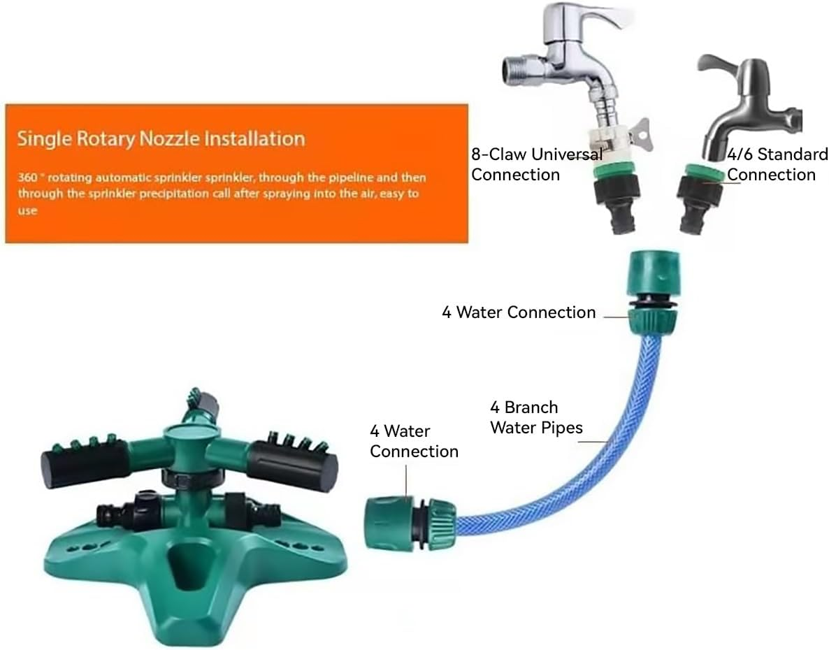 AIMALL 360 Degree Rotating Garden Sprinkler with 3-Arm Nozzle Adjustable Angle Water Cooling Lawn Irrigation System Includes 4-Way Hose Connectors 9.83X8.19X3.93In