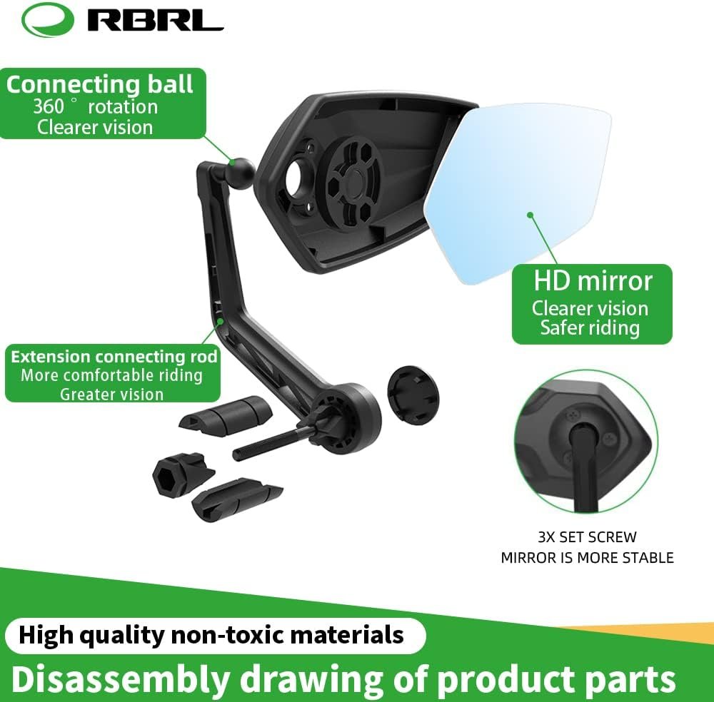 RBRL Bike Mirror Rotatable HD Safety Convex Bar End Mirror, Scratch Resistant Wide Angle Bicycle Shatterproof Side Mirrors, Mirrors for Electric Bikes Universal (Right) (RM12E-1)