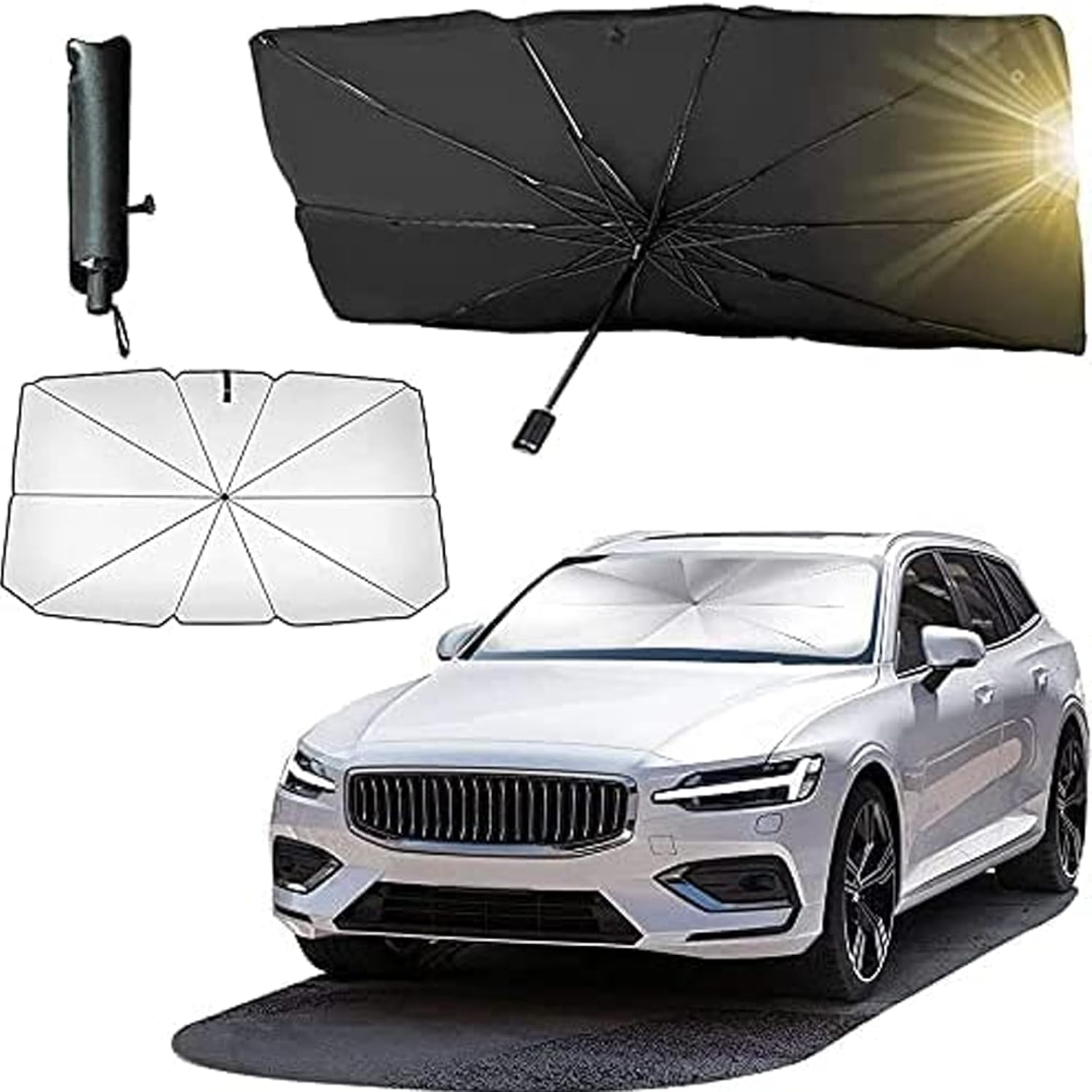 Sulfar Car Sun Shade,For Car Front Windshield, Car Umbrella Sun Shade Cover, Foldable UV Reflector and Heat, Sunshade for Cars, Fits Most Vans SUVS (57 X 31 In) image number 2