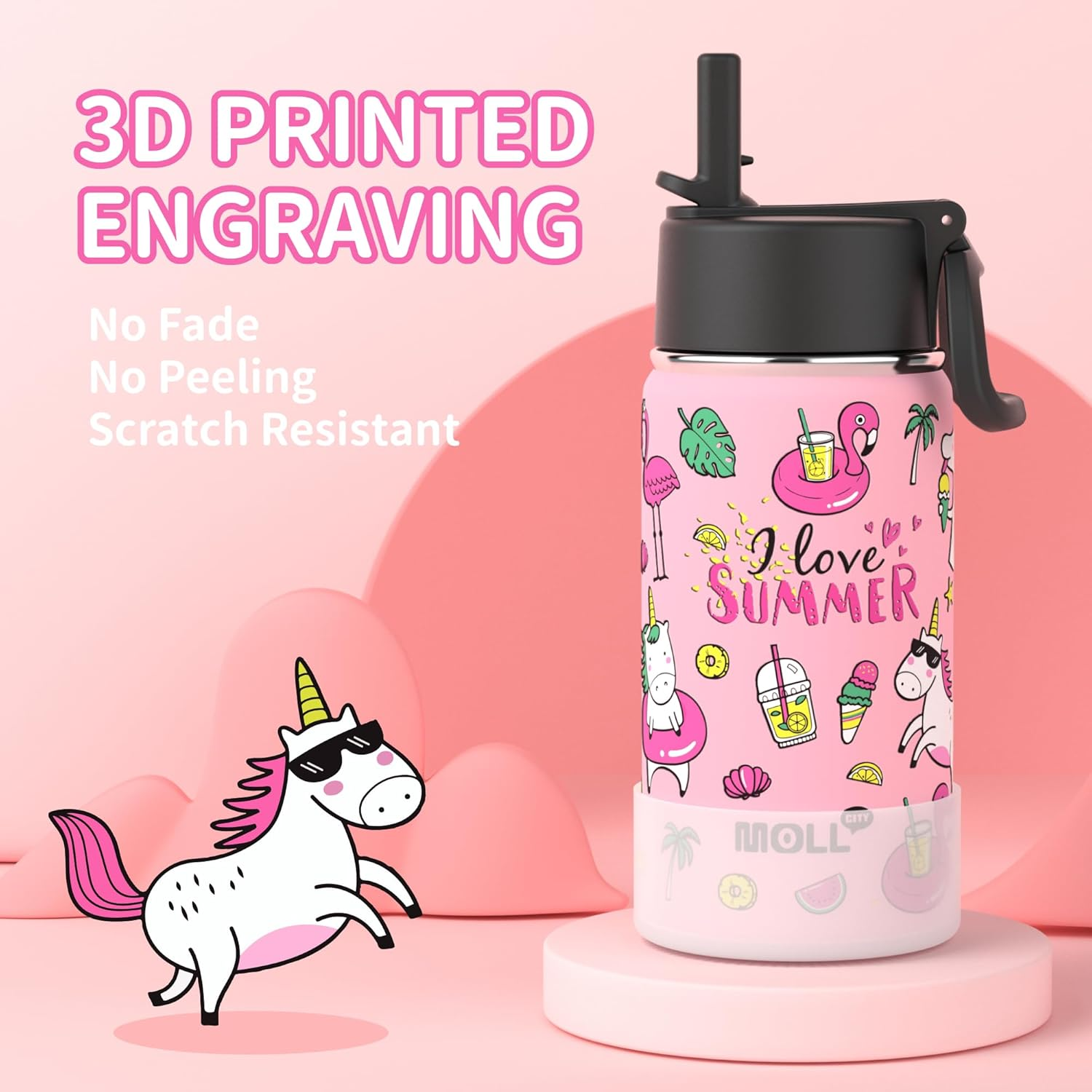 350ML Water Bottle with Straw Stainless Steel Double Wall Vacuum Insulated Water Bottle for Girls, Reusable Metal Water Flask BPA Free -Unicorn image number 2