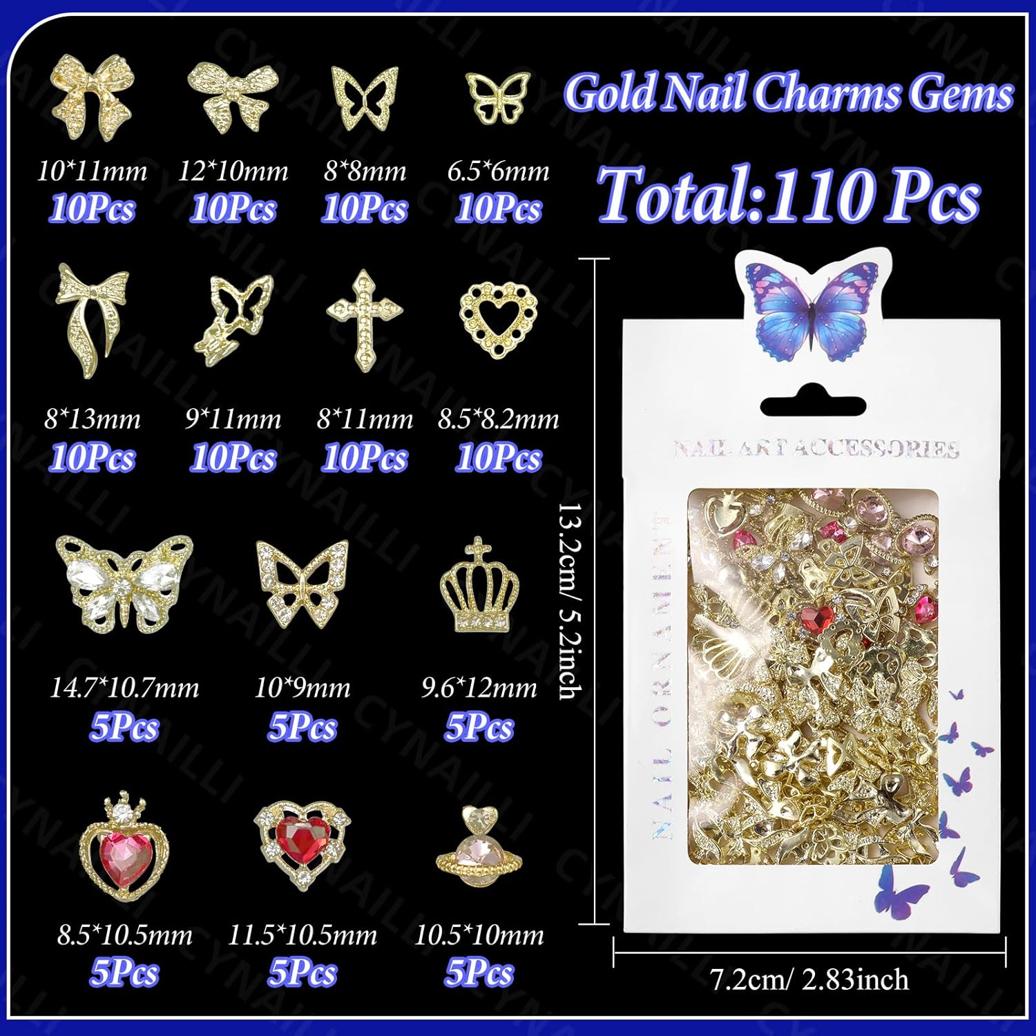 110 Pcs Gold Nail Charms and Gems Y2K, 3D Butterfly Heart Nail Gems, Planet Crown Nail Art Jewels, Cross Bows Charms for Alloy Nails Art Design DIY Accessories - Color-S5 image number 4