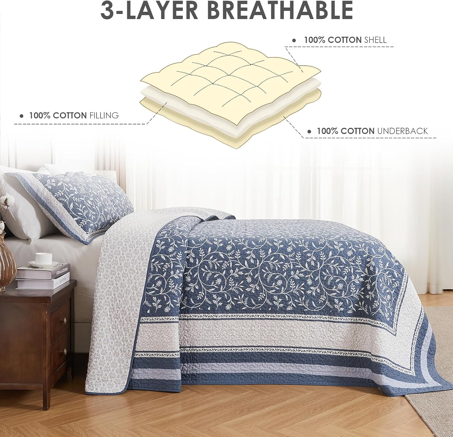 Quiltease Oversized King Bedspread - 120" Lx128 W Extra Wide - 100% Cotton Lightweight Vine Botanical California Quilt Sets - Reversible Super Bed Coverlet Set - Grayish-Blue/Light Gray image number 1