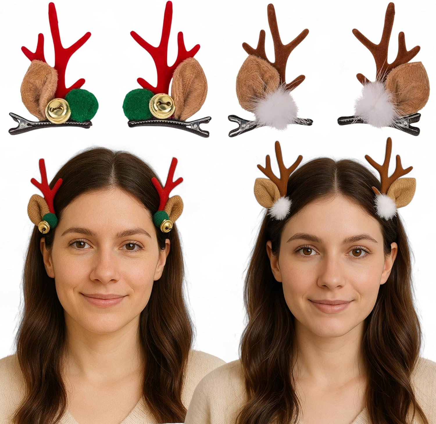 MIJOMA Reindeer Hair Clips - Festive Hair Accessories for Christmas, 2 Pairs, 2 Designs, 5 X 7 Cm