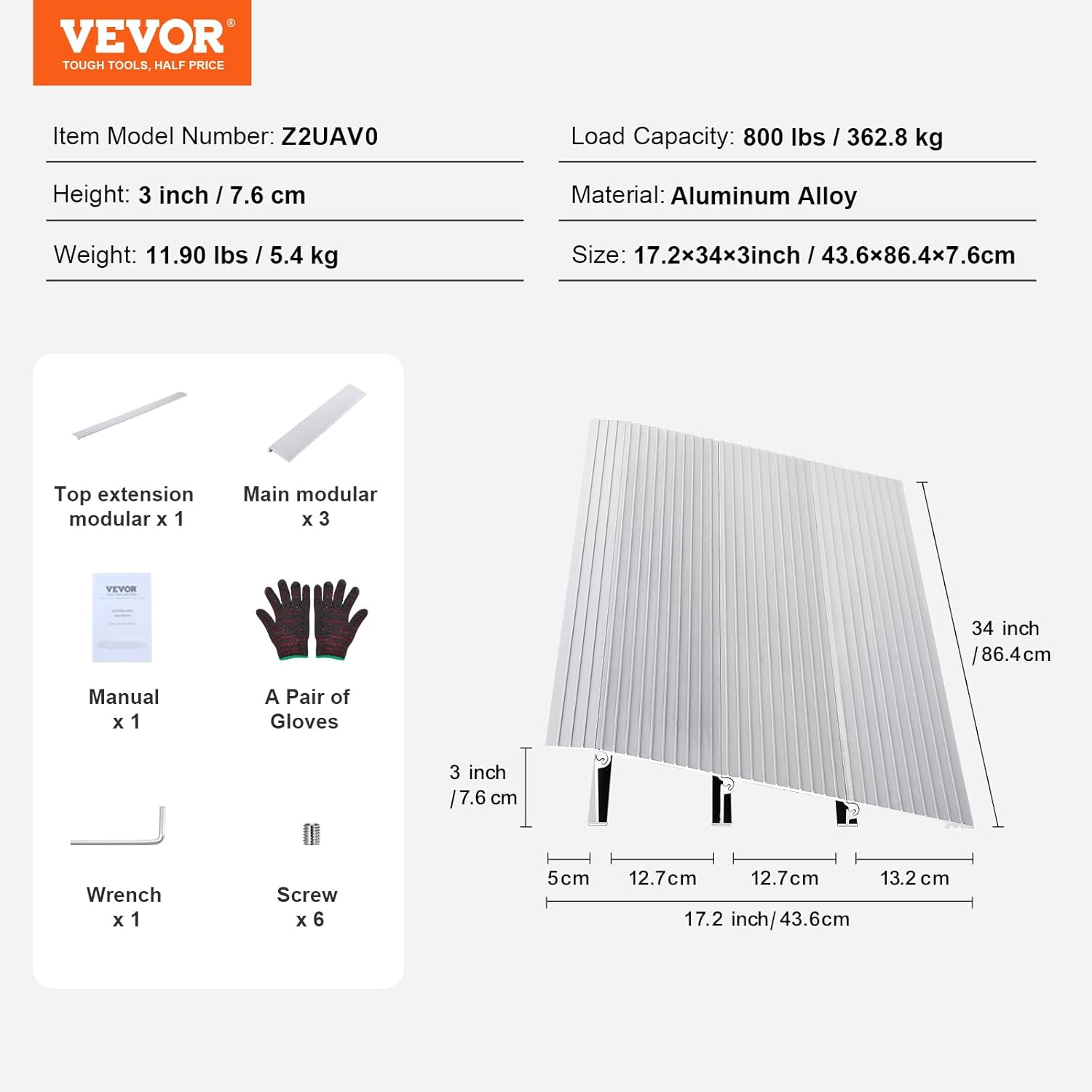 VEVOR Door Threshold Ramp, 3" Rise, 800 Lbs Load Capacity, for Wheelchairs, Aluminum, Adjustable Modular for Doorways, Scooters, Power Chairs image number 3