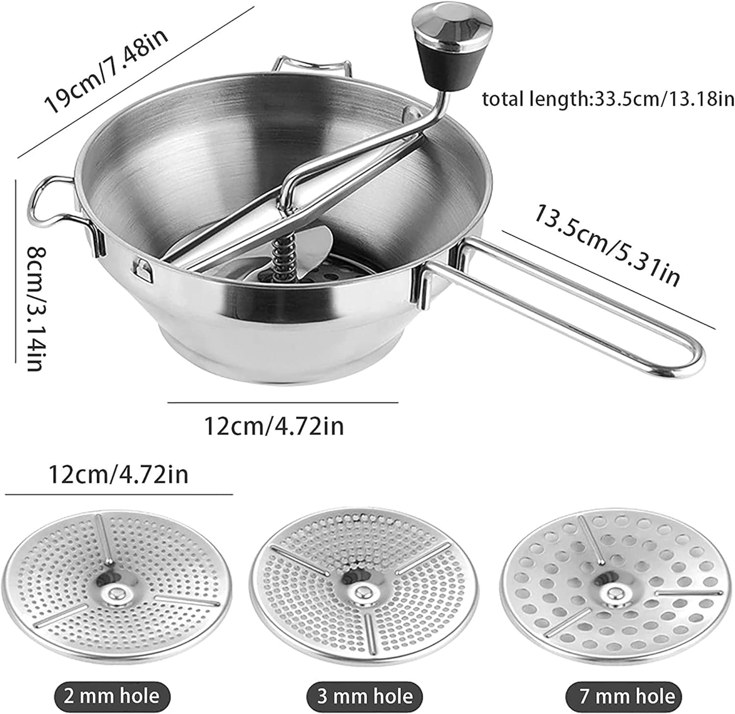 Stainless Steel Food Mill - Rotary Food Mill Vegetable Strainer Potato Masher Grinder with 3 Milling Discs Safe for Tomato Sauce, Applesauce, Puree, Mashed Potatoes, Jams, Baby Food
