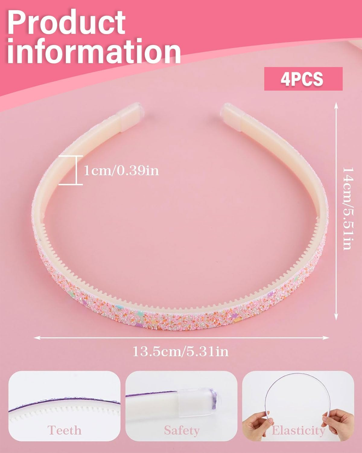 FUGLUS 4 X Fashion Headbands for Women, Glitter Headband with Rainbow Bling, Non-Slip Plastic Tooth Hair Bands, Cute Hair Accessories for Girls and Children, Colourful and Fashionable image number 4