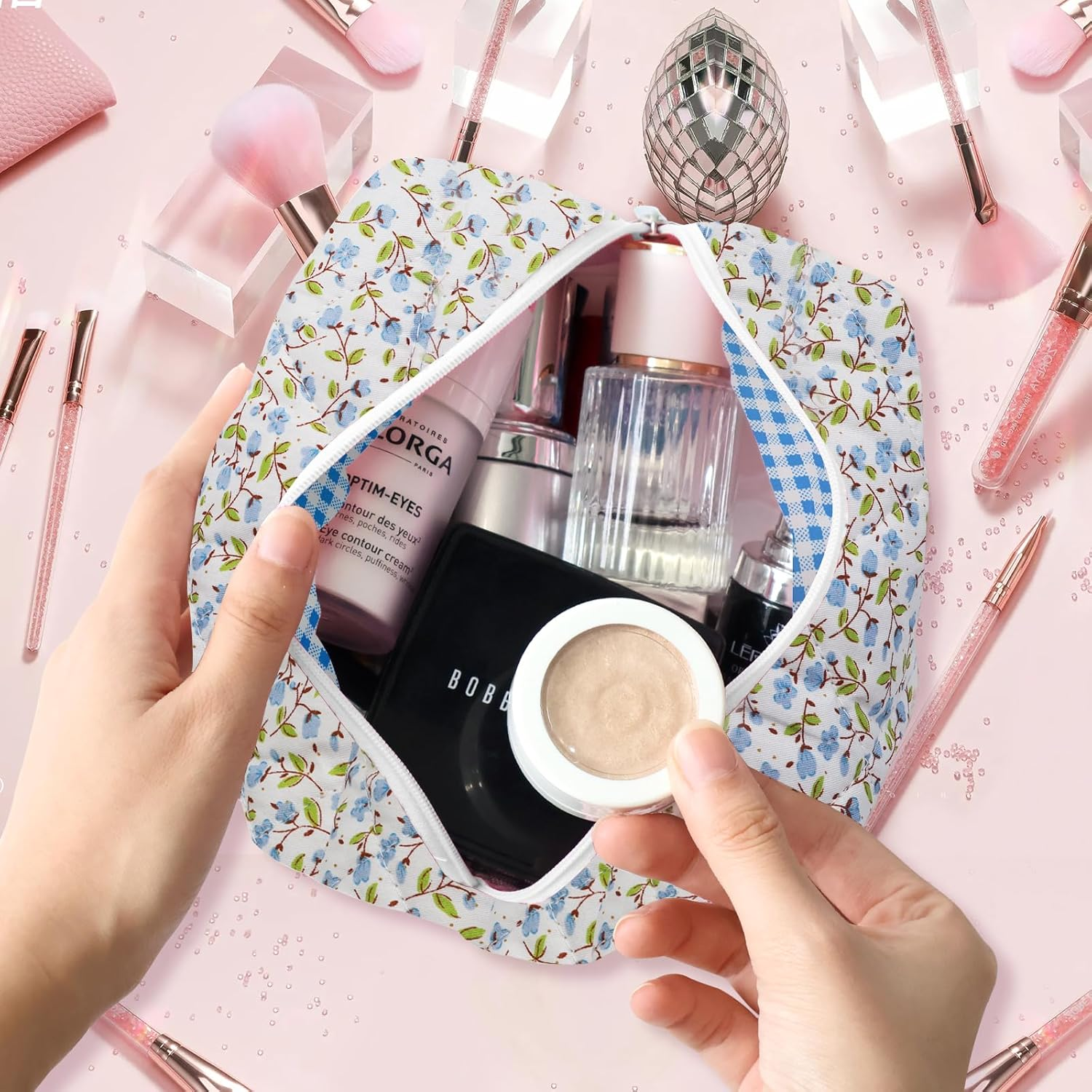 Cotton Quilted Makeup Bag, Cute Pouch Toiletry Bag Cosmetic Bag Quilted Floral Organizer Bag Travel Coquette Aesthetic Portable Storage Zipper Purse for Women, Blue, Cute - Pink image number 3