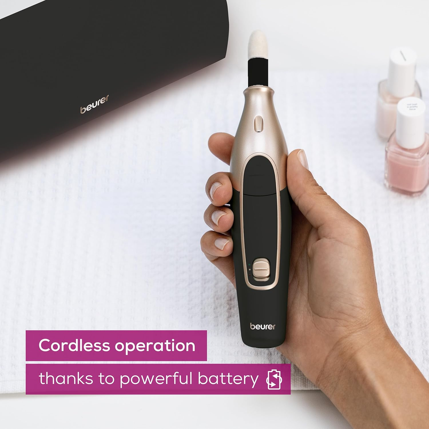 Beurer MP 84 Special Edition Manicure Pedicure Set Electric Nail File with Battery 10 Tips LED Light with Storage Case up to 4400 RPM Nail Cutter for Hand and Foot Care Black image number 3