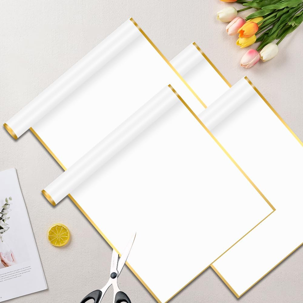 Gold Edge Wrapping Paper 20 Sheets - White Floral Gift Wrap with Golden Border for Bouquets, Wedding, Anniversary, Gift Packaging, Flower Shop - Gold Trim With Champagne image number 3