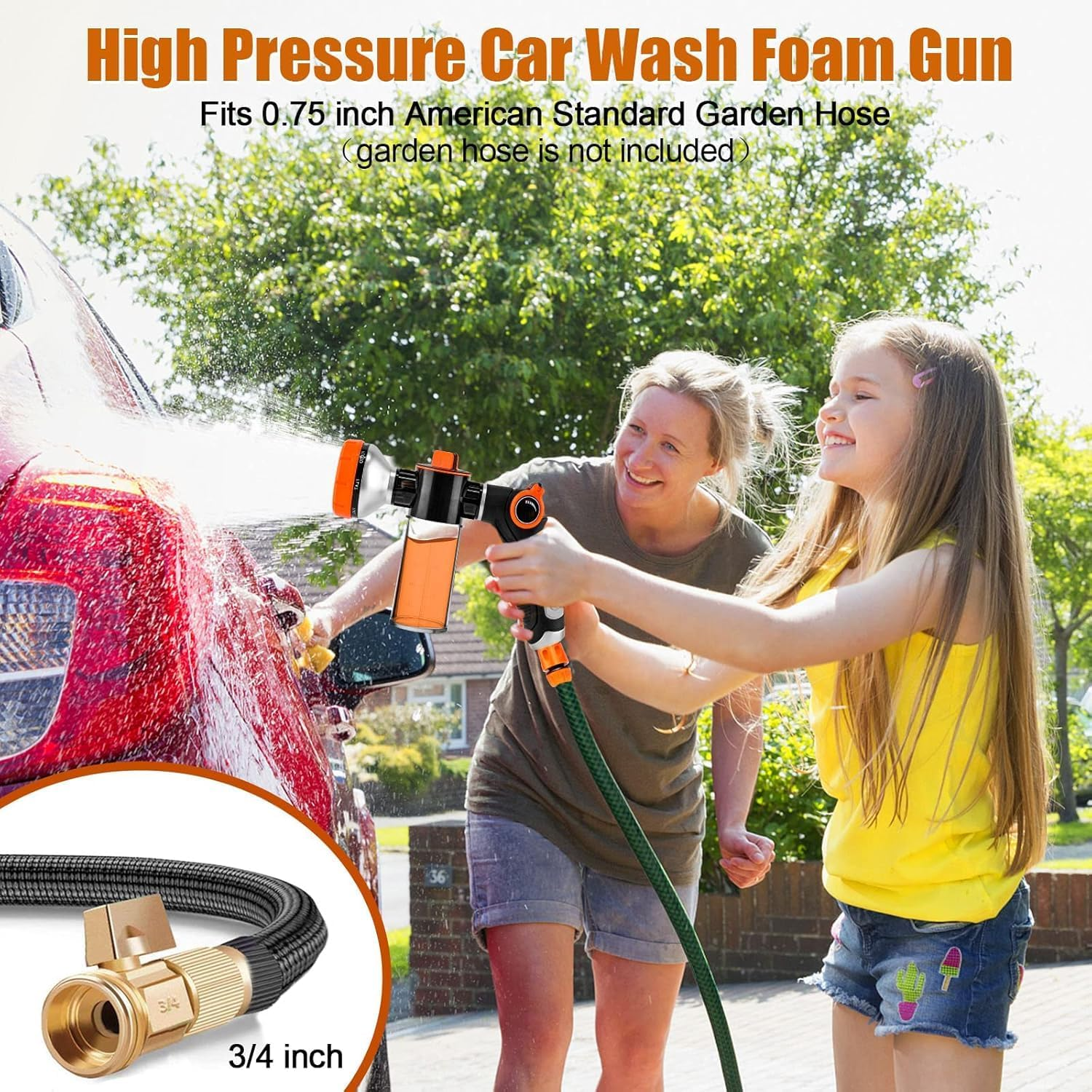 8-In-1 Garden Hose Nozzle Sprayer, Dog Wash Attachment with 100Cc Soap Dispenser, Brush, Orange image number 5