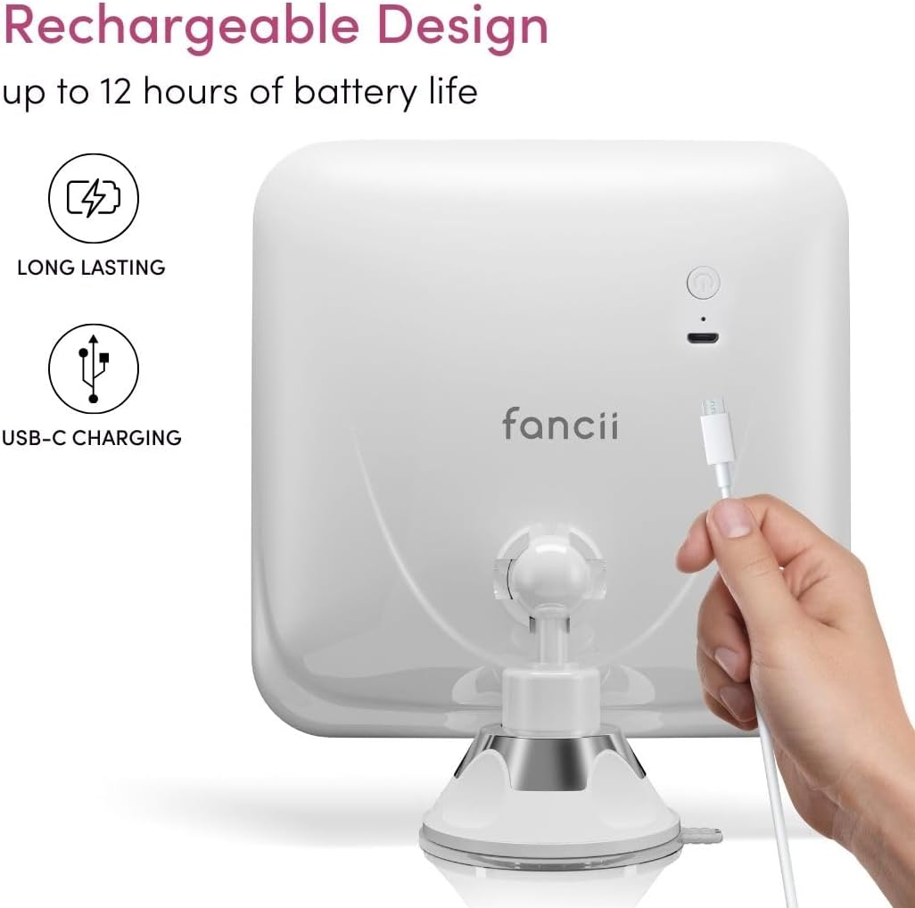 Fancii 20X Magnifying Makeup Mirror with LED Lights, Rechargeable, High Zoom | 7-Inch Large Lighted Travel Mirror for Vanity and Bathroom, Dimmable, 3 Light Settings, Strong Suction, 360&deg; Rotation