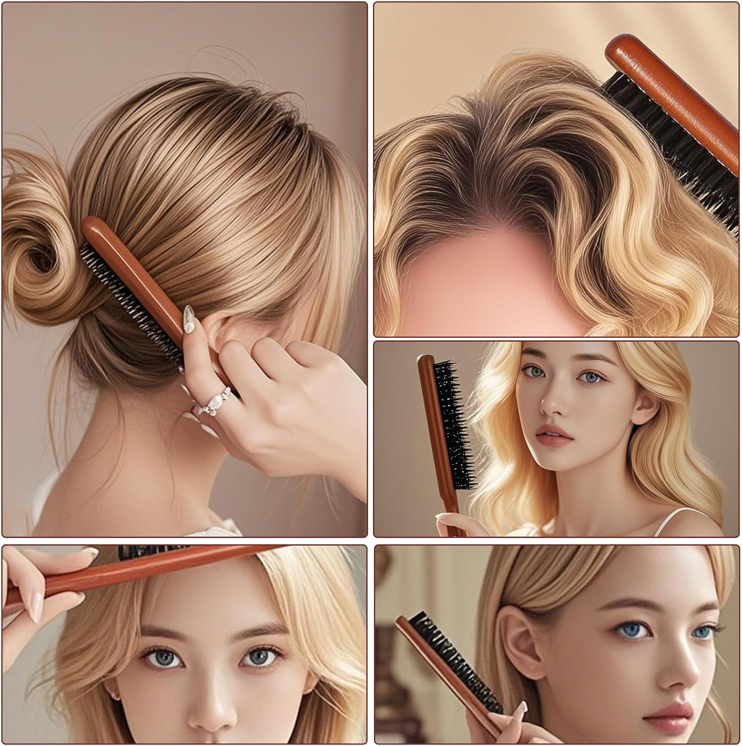 Teasing Hair Brush Boar Bristle, Wooden Hair Brush for Straight, Curly, Thick or Damaged Hair, Perfect for Sleek Buns and Styling, Boar Bristle Brush, Pack of 2 image number 4