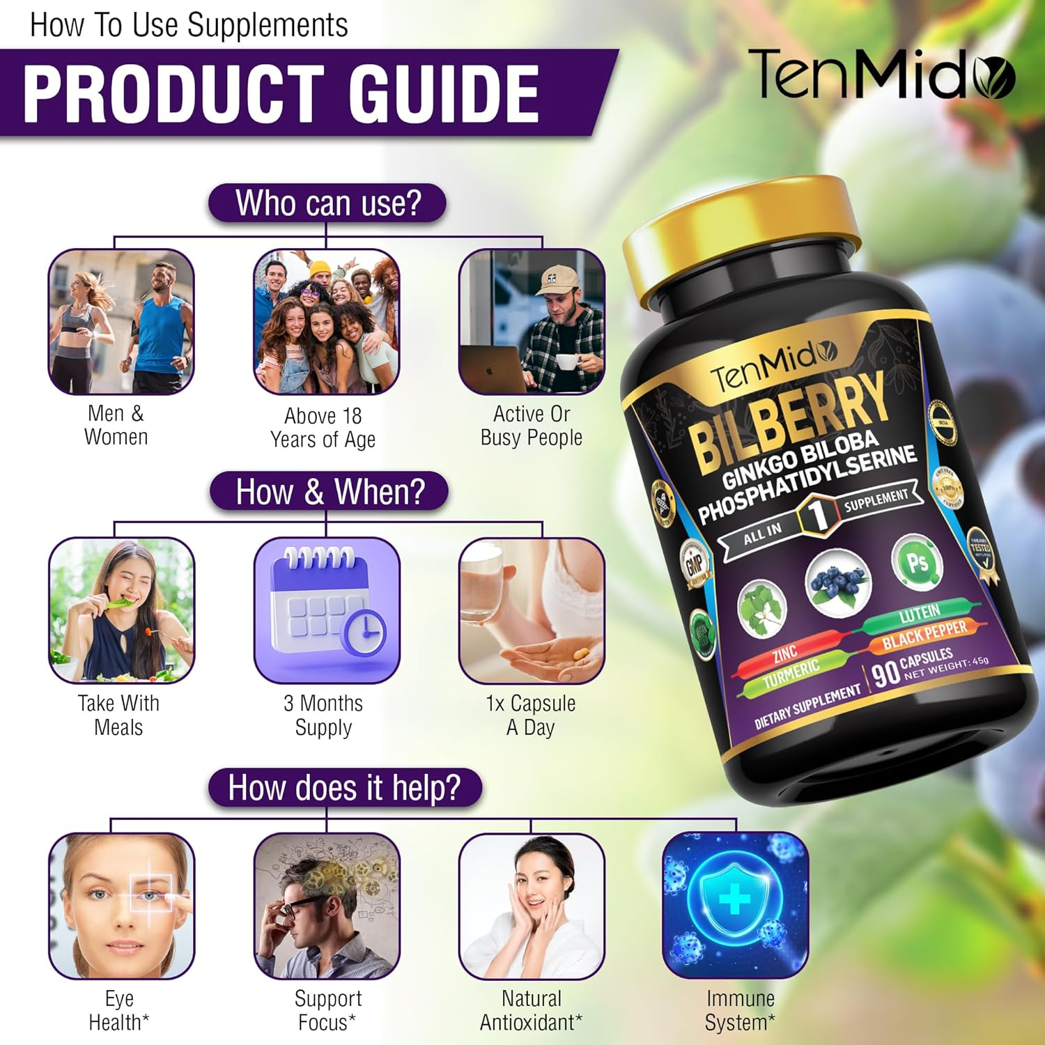 Tenmido Bilberry Extract Capsules - 7In1 with Zinc, Ginkgo Biloba, Phosphatidylserine, Turmeric, Lutein & Black Pepper - 90 Vegan & Non-Gmo Capsules image number 2