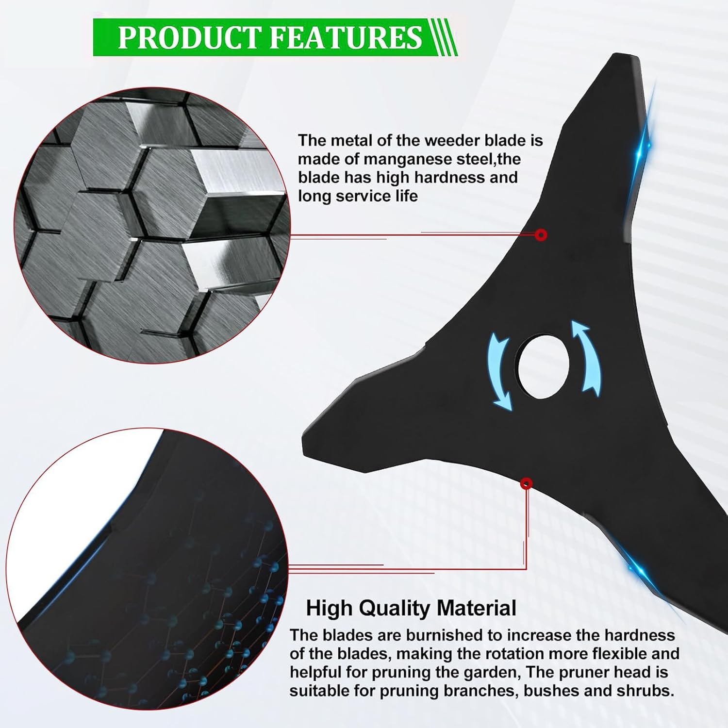 Ling-Luo 10" X 3 Teeth Carbon Steel Brush Cutter Blades & Steel Trimmer Head 6 Steel 65Mn Razors Trimmer Head with Universal Adapter Kit, for Brush Cutter, Trimmer, Weed Eater image number 1