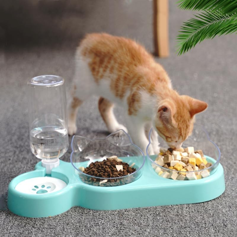 3-In-1 Cat Feeding Bowl Set, Double Bowl with Water Dispenser, Feeding Bowl for Cats and Small Dogs (Grey Base, Transparent Bowl)