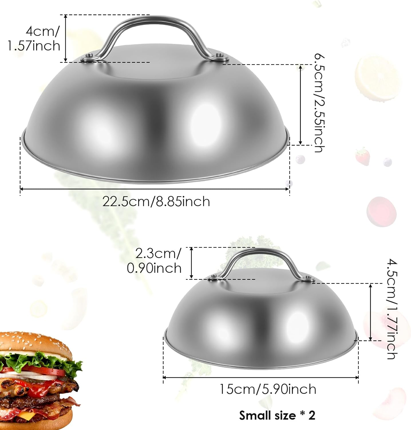 Burger Cloche Covers Kit to Melt Cheese Easy to Clean Solid Stainless Steel Steaming Domes Set Non Slip round Basting Cover Grilling Melting Domes Set for Party Use image number 2