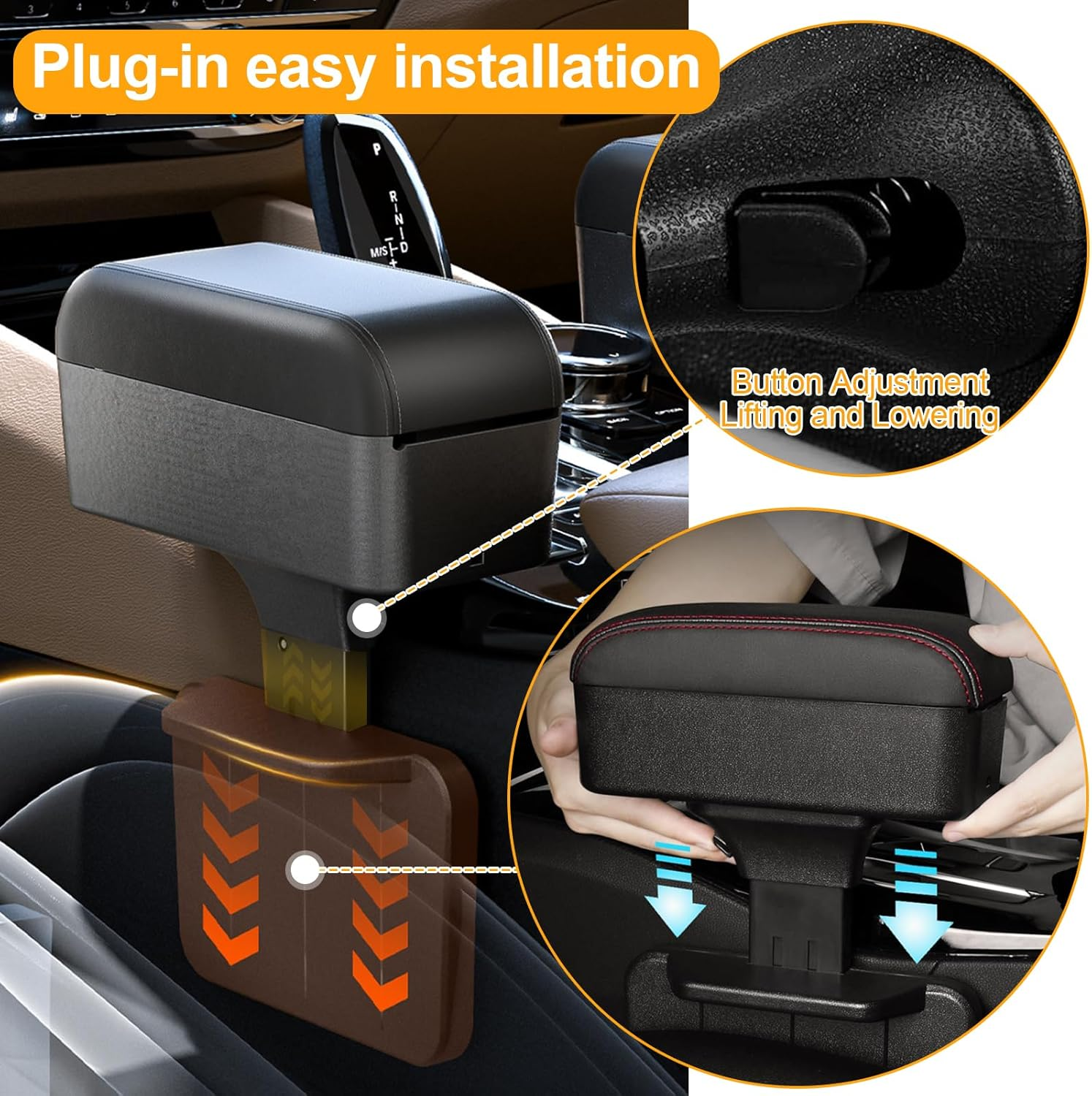 Auto Center Console Armrest Gap Filler Organizer, Car Nappa Leather Armrest Pillow with Storage Box, Arm Rest Cover Cushion with Cup Holder, Universal Adjustable High-Low Arm Rest Extender (Black) - Red image number 5