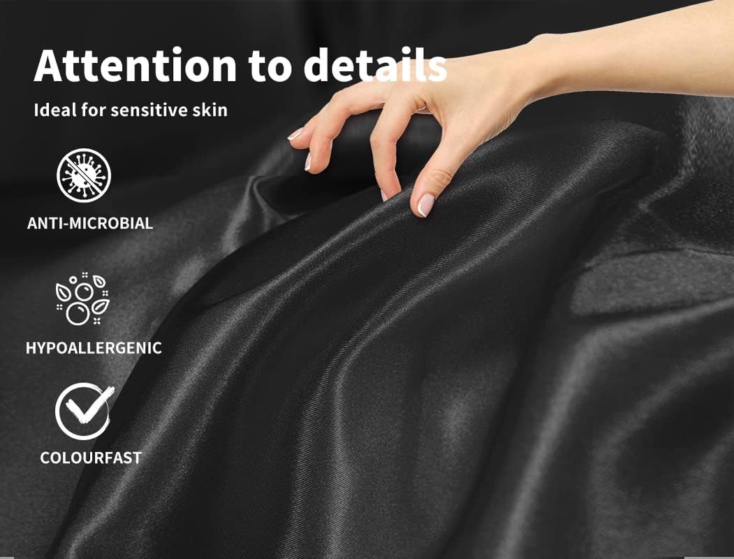 Dreamz Silky Satin Sheets Fitted Flat Bed Sheet Pillowcases Summer Double Black