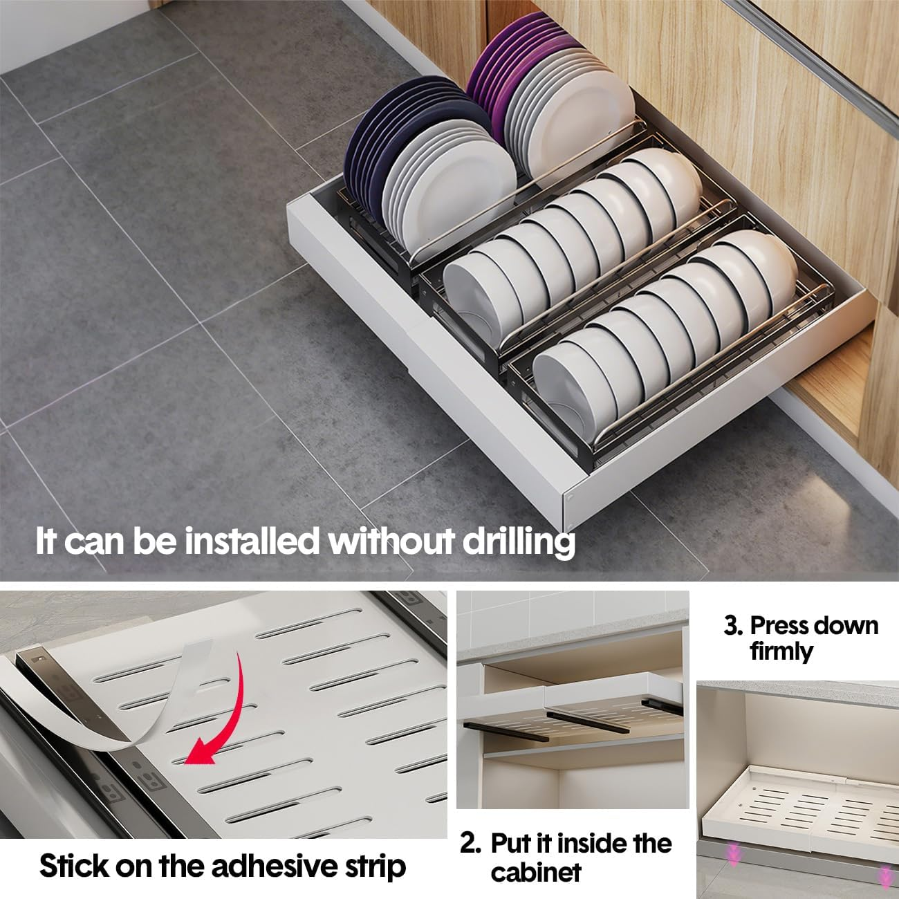 Aumerage Expandable Cabinet Organizer - Pull Out Drawers with Adhesive Mount, Adjustable Width 32-52Cm, Slide Out Storage for Kitchen Cabinets（Whinte 2PCS） image number 3