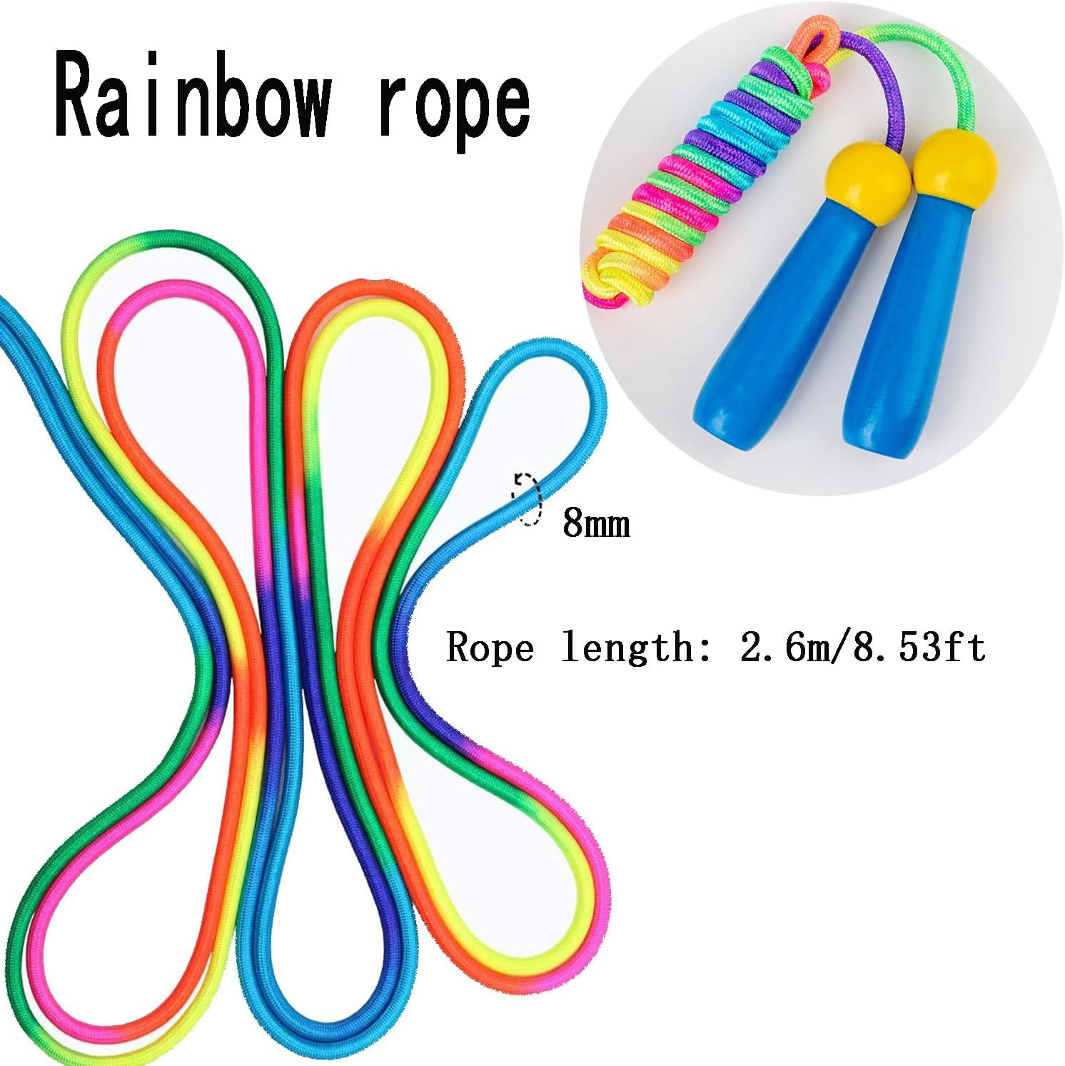 Tjhypenete 2 Pcs Jump Rope for Kids, Rainbow Skipping Rope, Adjustable Length Jumping Rope with Wooden Handle, Cotton Rope for Gymnastics, Training, Exercise, Workout, Weight Loss, Outdoor Activity image number 5