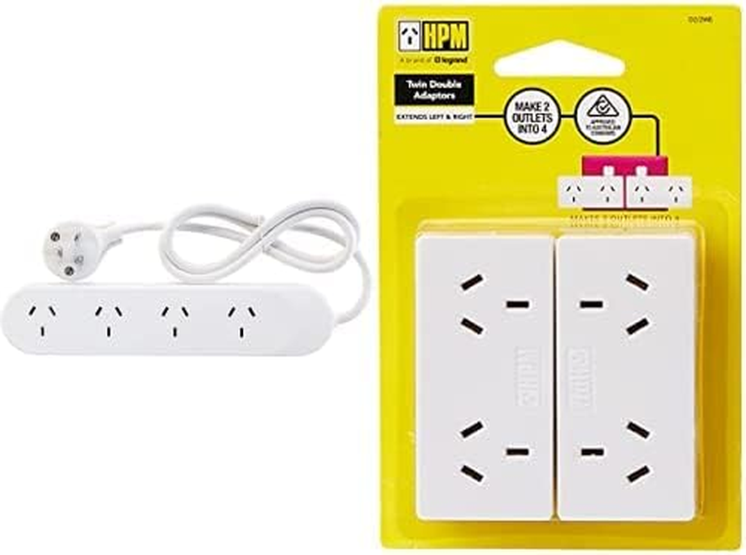 HPM Standard 4 Outlet Powerboard White + D2/2WE Left and Right Extend 10A 2400W Double Adaptor 2-Pieces, White