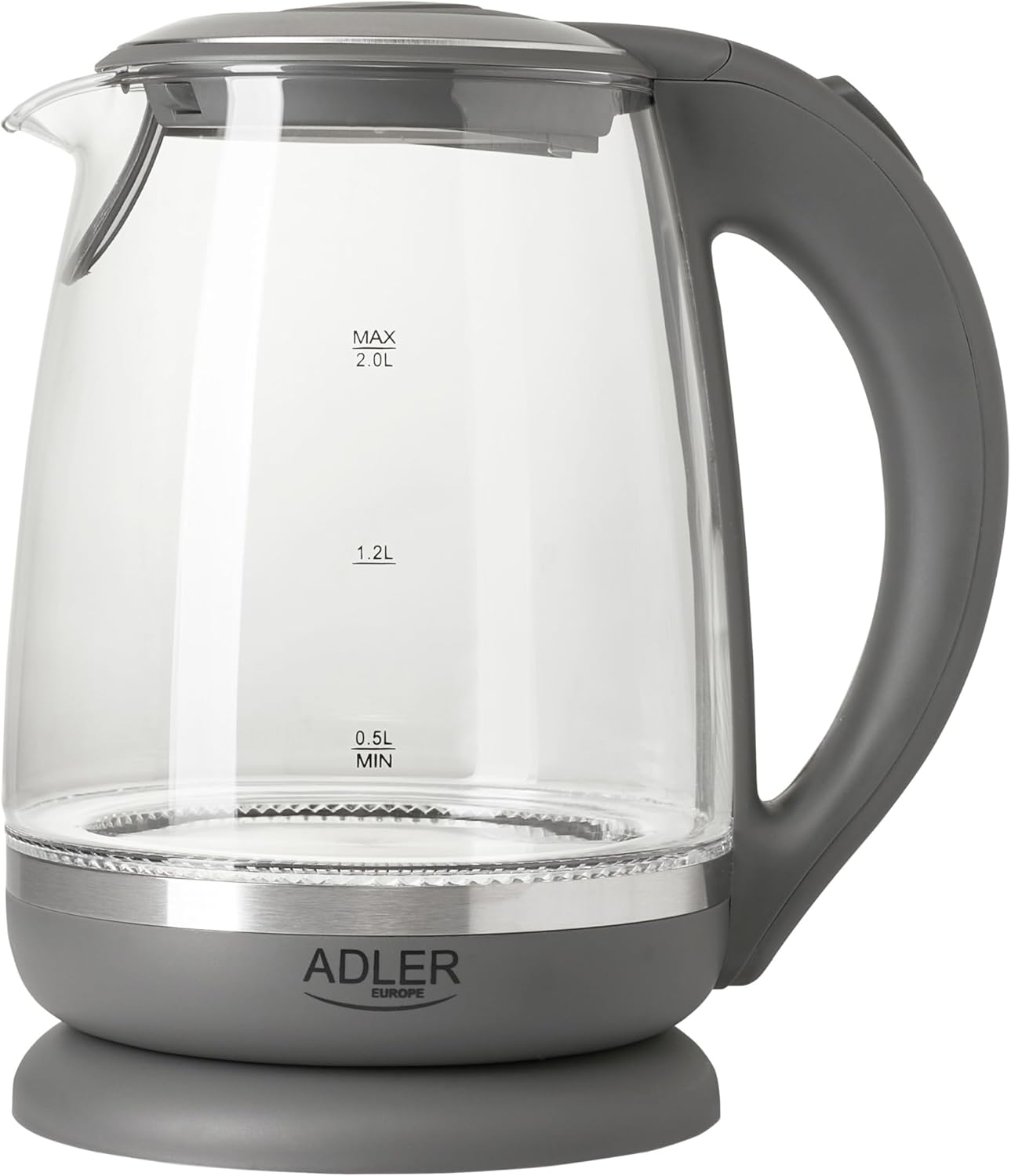Adler AD 1286 Glass and Plastic Kettle, 2L, 2000 W, LED Lighting, Glass Kettle for Tea, Limescale Filter, Automatic Shut-Off, Stainless Steel Immersion Heater, Grey Transparent/Grey image number 1