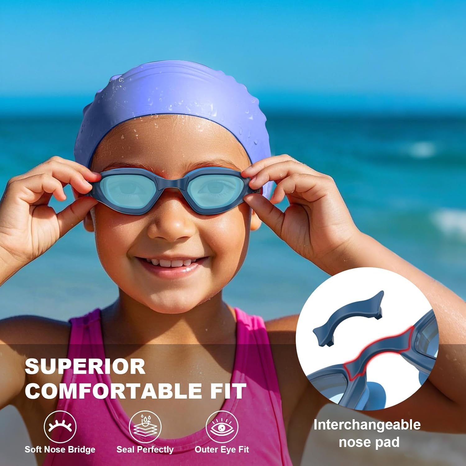 Emsina Kids Swim Goggles,Super Anti-Fog, No Leaking Pool Goggles,Swimming Goggles for Kids Age 5-14 Boys and Girls - Light Pink With Cap image number 5