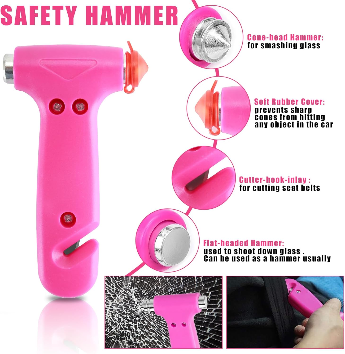 BHLUUIYER Car Emergency Kit, Pink Roadside Emergency Car Kit with Jumper Cables, Tow Rope, Safety Hammer, Pink Car Accessories for Women image number 4