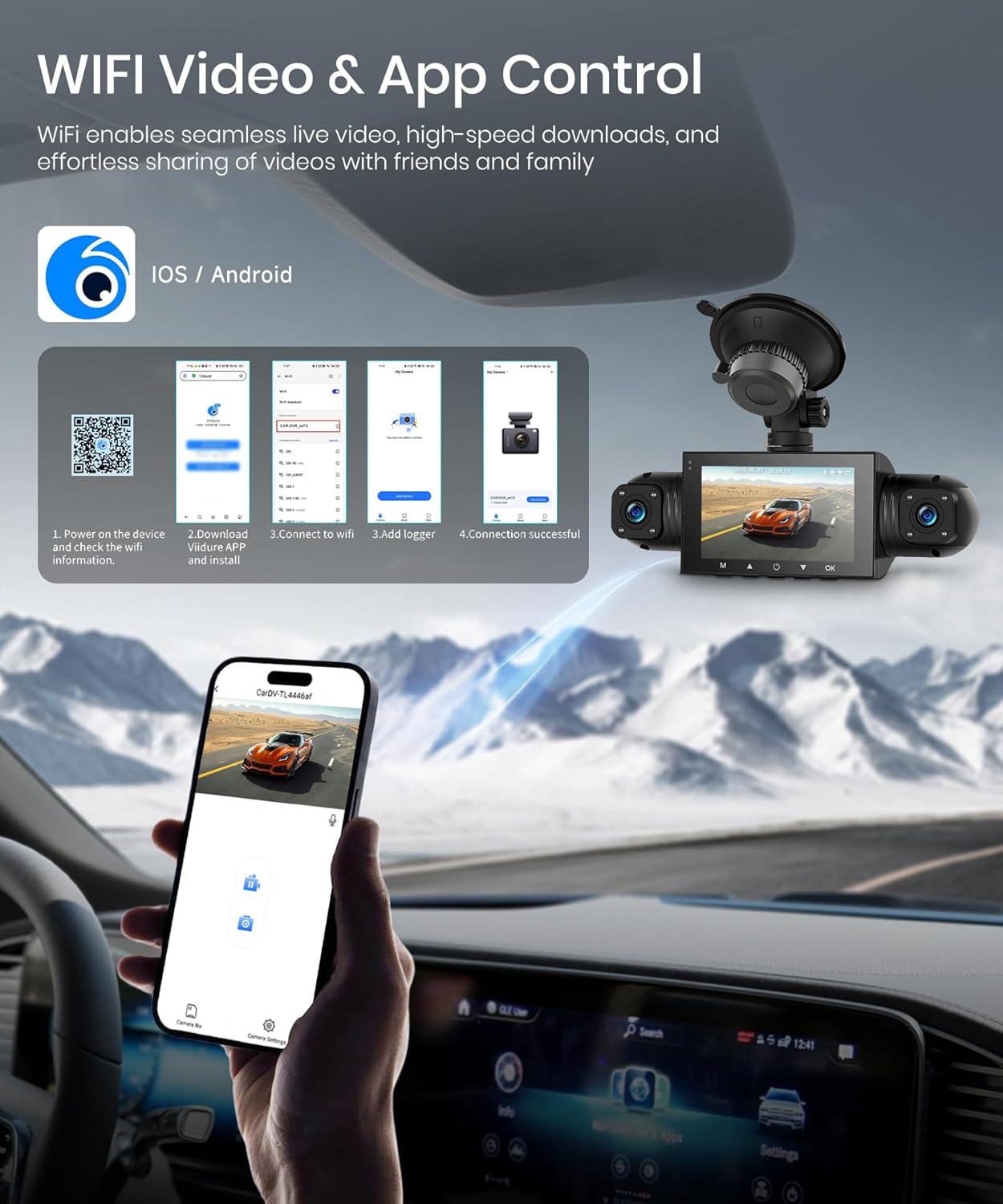 Wifi Dash Cam 4 Channel 360&deg; Car Recorder Front and Rear inside Side, 3 Inch 1080P DVR Camera with 480 Rear Pull + G-Sensor, Rearview, Night Visio, Loop Record, 24H Parking Watch