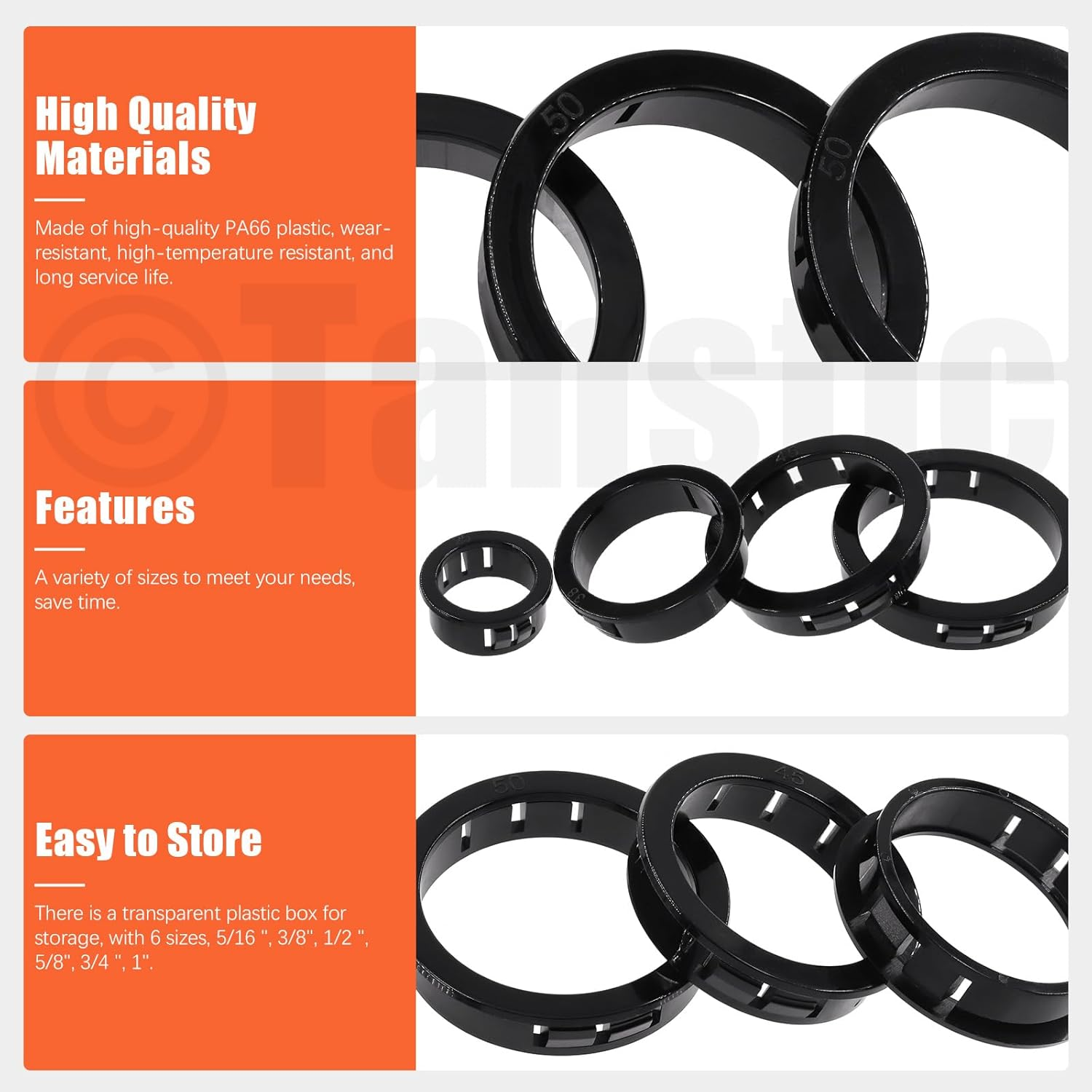 Tanstic 73Pcs 4 Sizes Cable Snap Bushing Grommets Kit, Black Nylon Snap in Cable Hose Bushing Grommet Protector, round Cable Snap Bushing Hole Plugs Locking Bushing- 1&rdquo;, 1-1/2&rdquo;, 1-3/4&rdquo;, 2&rdquo; image number 1