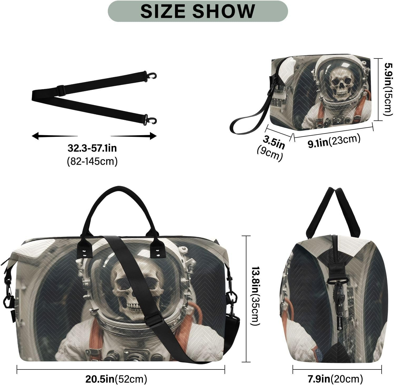 XYMZR Large Travel Duffel Bag, Astronaut Skeletonin Sports Tote Gym Bag, Shoulder Weekender Overnight Bag for Women Men, Carry on Luggage with Toiletry Bags, Multi-Colored, Multi-Colored image number 2