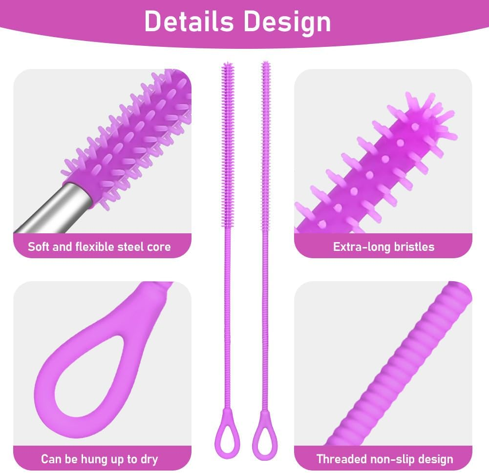 AYESY Silicone Straw Brush, 2Pcs 9.84In Extra Long Straw Cleaning Brush, Non-Slip Handle, Reusable Bendable Cleaning Tool for Cleaning Glass Metal Straws, 9Mm&6Mm - Black image number 2