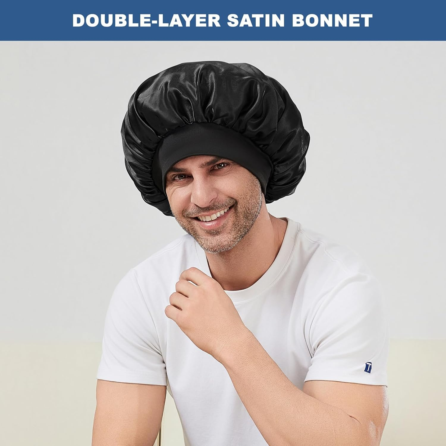 Bonnet for Men, Double Layer Hair Bonnet for Sleeping Adjustable Silk Satin Sleep Bonnet with Elastic Band image number 5