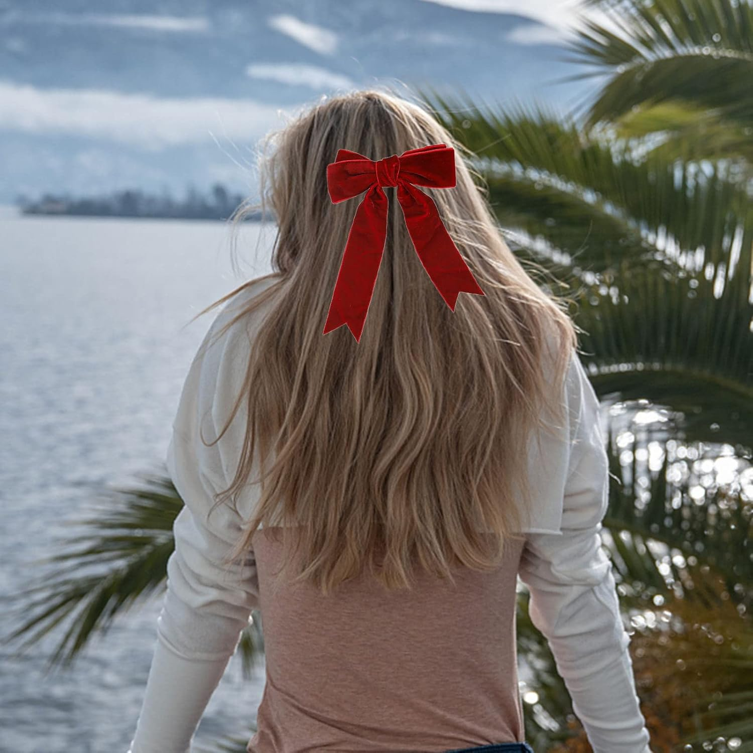 2Pcs Velvet Bow Hair Clip,Large Satin Ribbon Bow Hairpins,Bows Hair Barrettes Fastener French Hair Bows with Long Ribbon Vintage Party Hair Accessories Women Girls Gifts 2PCS (Black & Red Velvet) image number 4