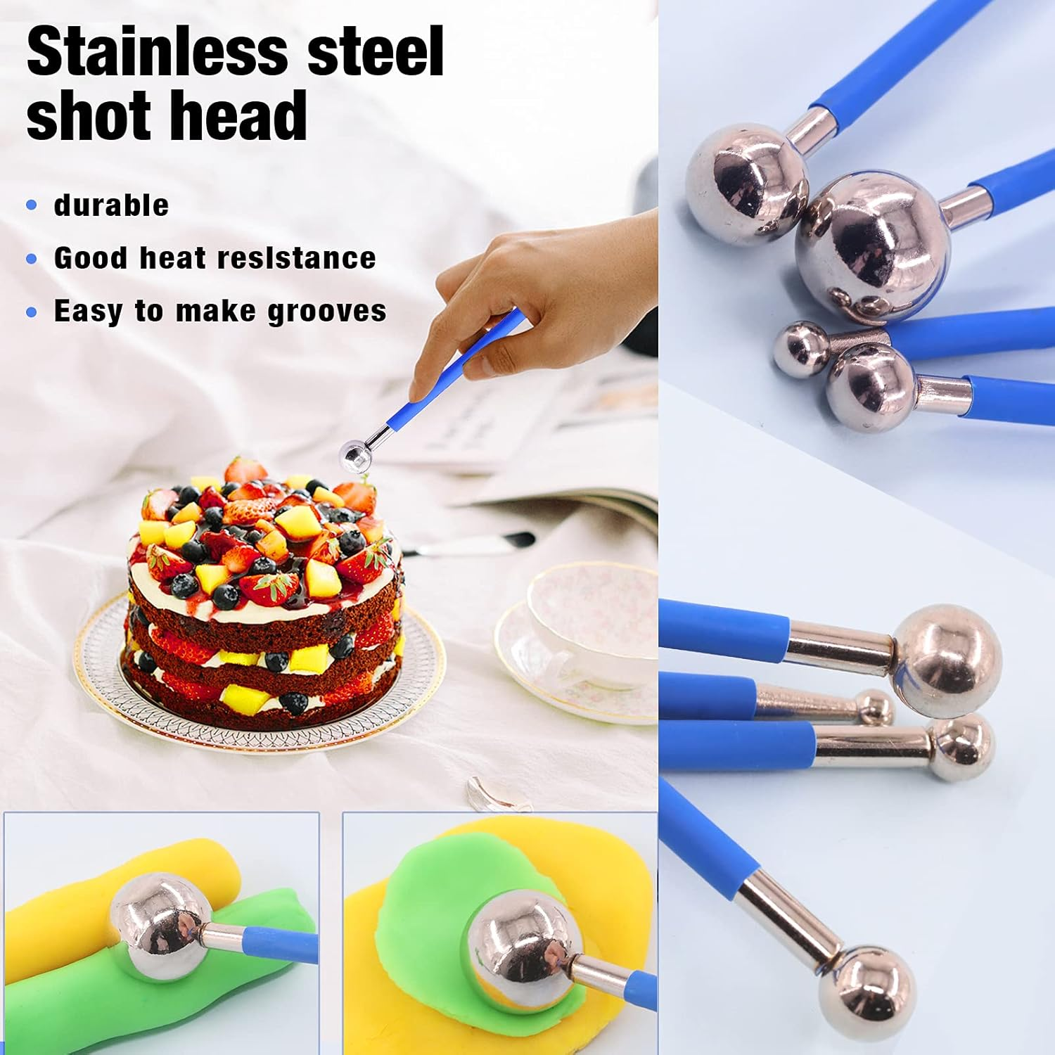 Swpeet 36Pcs Rose Gold Clay Extruder Gun Fondant Sugar Paste Extruder Clay Cake Sculpture Gun, Ball Stylus Dotting Tool with Plastic Scraper, Cake Decorating Supplies Modeling Tool - Blue image number 4