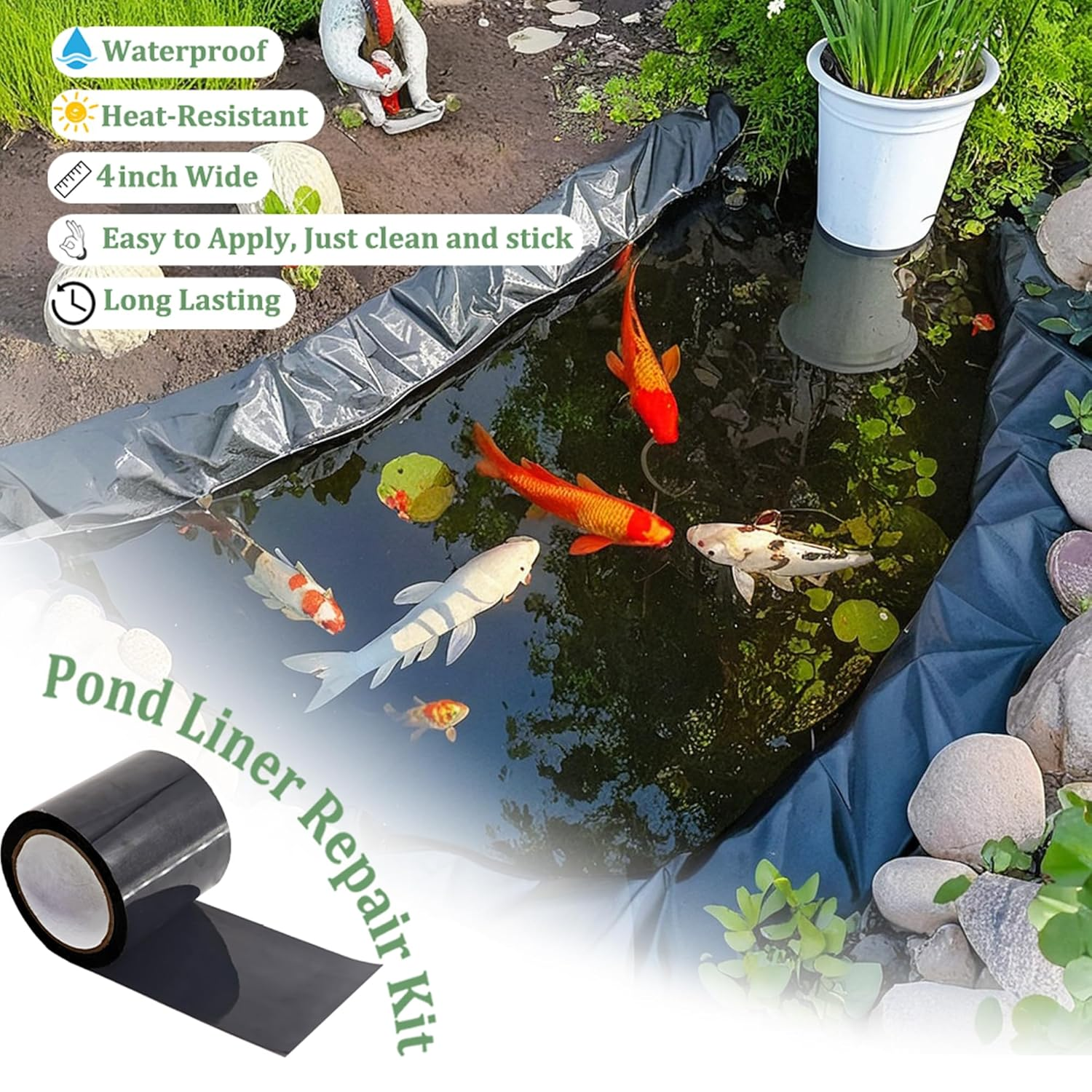 Pond Liner Seam Tape Single Sided, Waterproof Pond Repair Kit Butyl Rubber for EPDM PVC Outdoor Pond Liner Leak Repair Long-Lasting Easy to Apply image number 2