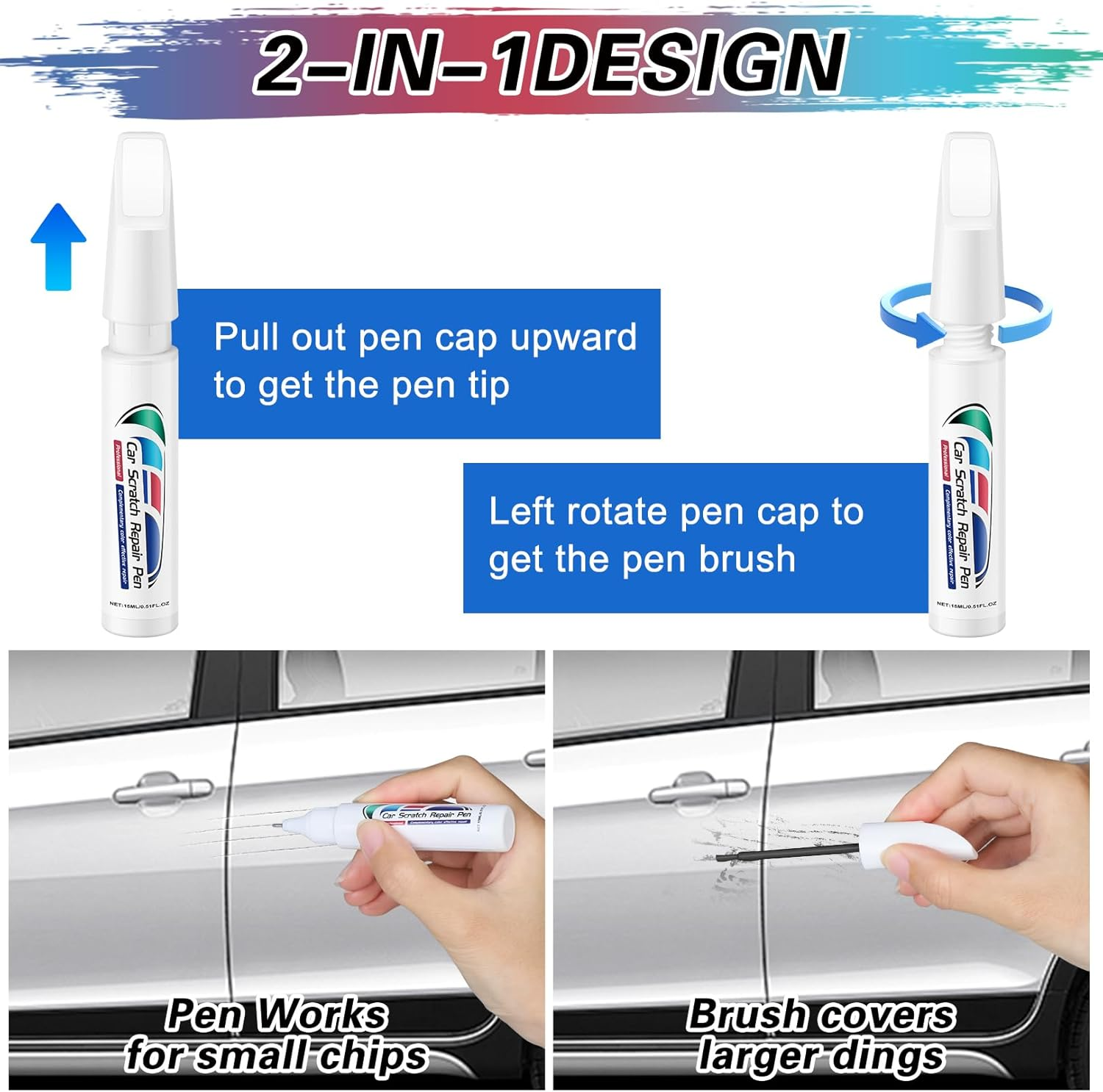 2-In-1 Touch up Paint for Cars,Car Paint Touch up Pen for Deep Scratches,Car Scratch Repair Pen Auto Scratch Remover for Quick and Easy Fix,Quick Drying-Long Lasting Adhension (White) image number 1