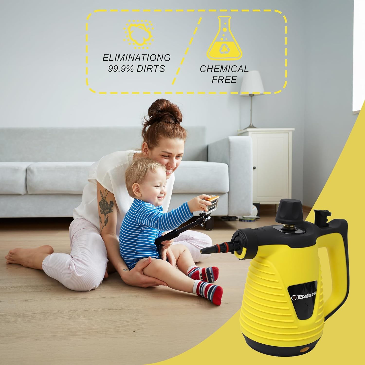 Belaco Multipurpose Steam Cleaner Handheld with 9 Pieces Accessory Kit for Multipurpose Yellow Portable Steamer for Stain Removing Tiles Kitchen Bathroom Garment Car Seats & More 1050W British Plug image number 3