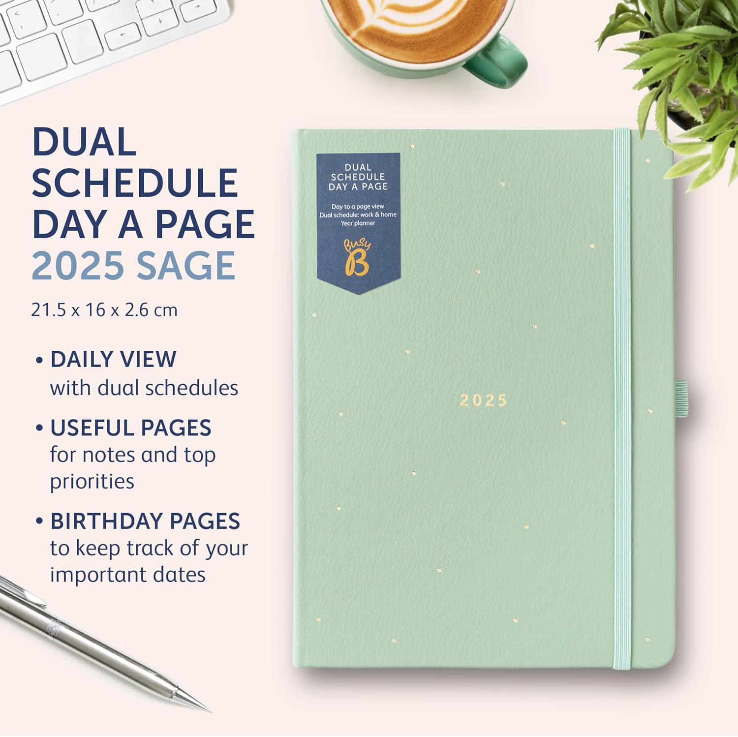 Busy B 2025 Dual Schedule Diary - A5 Sage Green Daily Planner with Two Schedules, Faux Leather Cover & Gold Foil - Work-Life Balance Organiser for Busy Professionals - Jan to Dec 2025 Diary image number 4