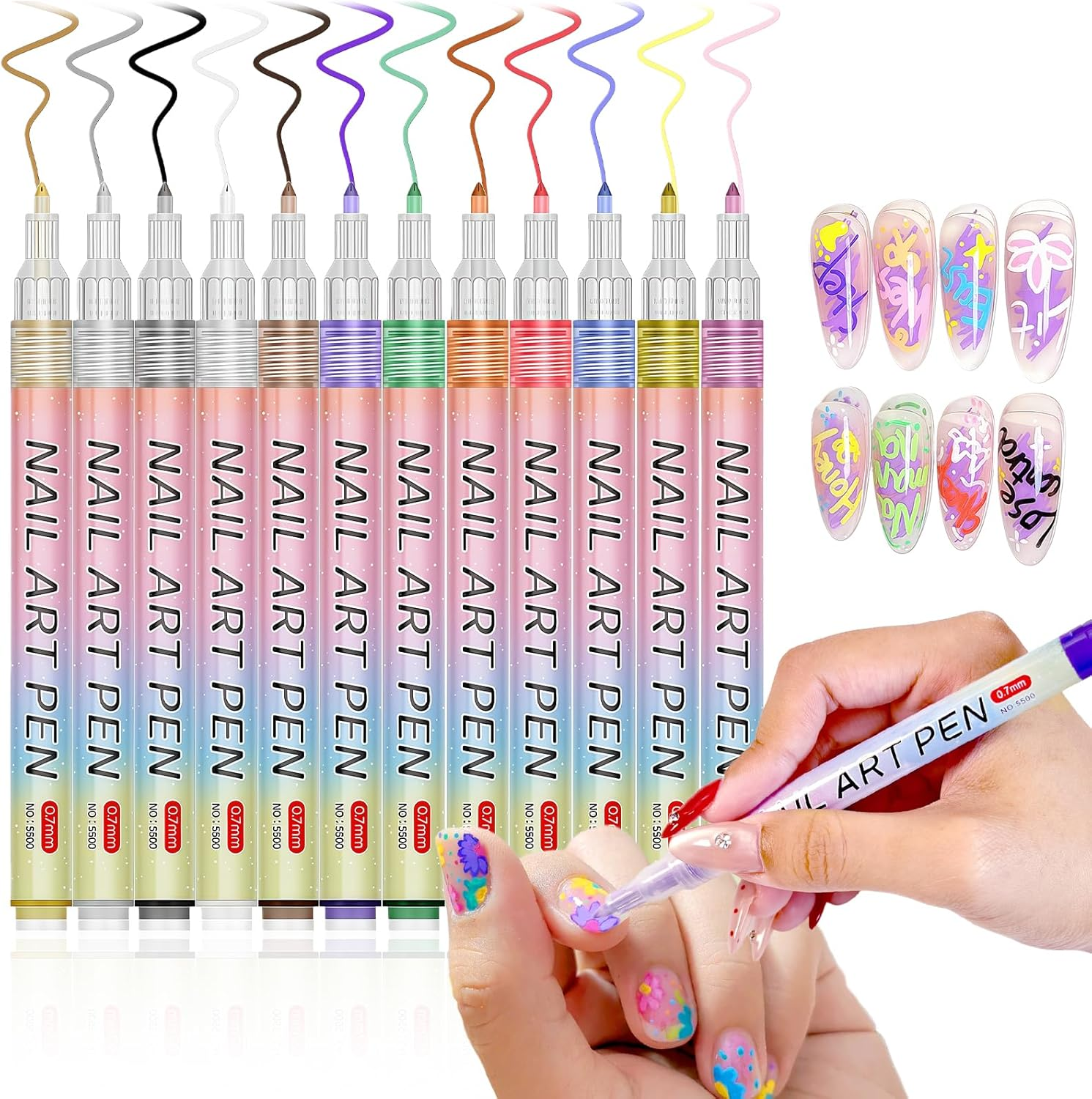 MKNZOME 6 Color Nail Art Pens, Nail Polish Pens Set Nail Chrome Eraser Pen Drawing Painting Point Liner Pens with Eraser Pen, Waterproof and Quick-Drying