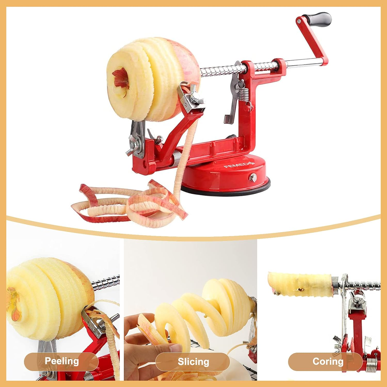 Apple Peeler Slicer Corer with Stainless Steel Blades and Powerful Suction Base for Apples Pears Potatoes(Red) image number 6