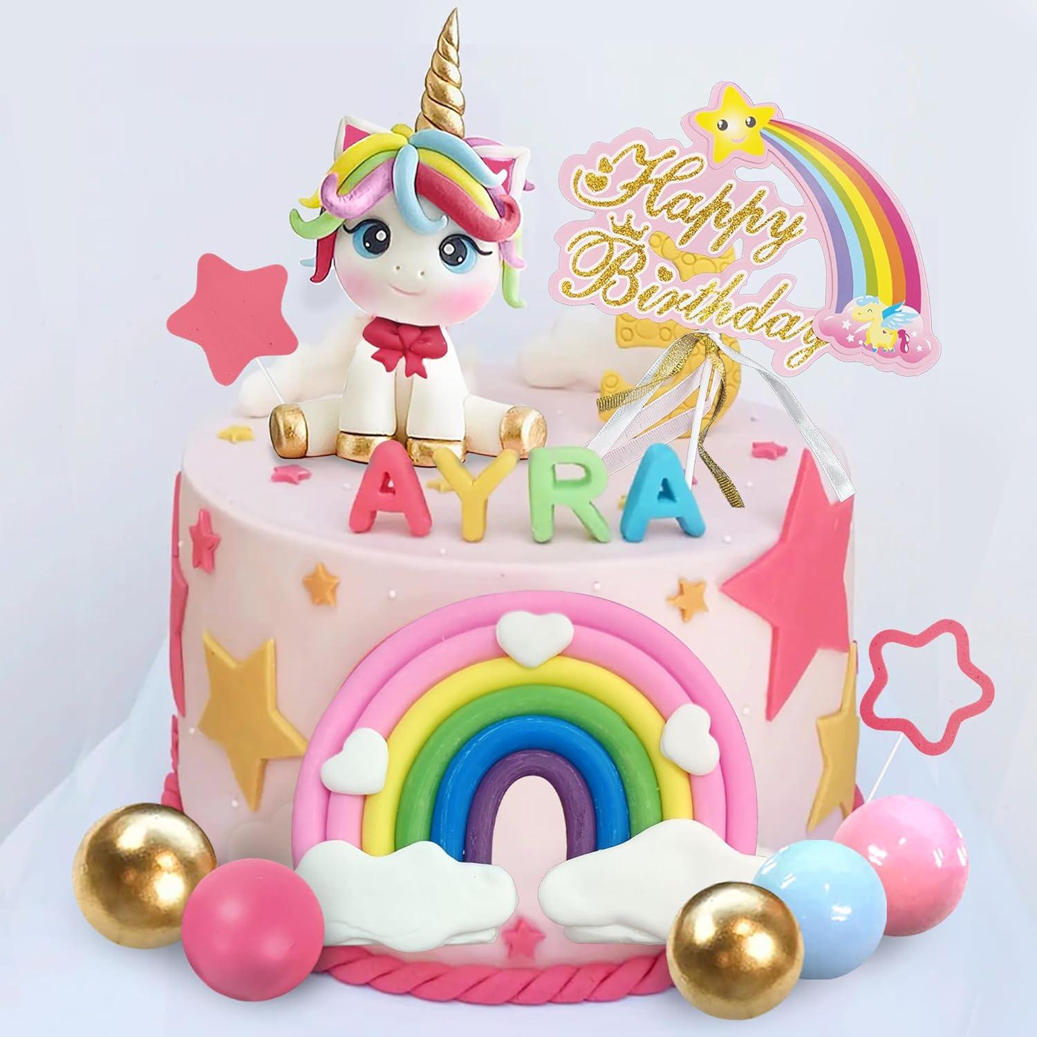 29 PCS Unicorn Cake Topper, Unicorn Rainbow Cake Decorations with Rainbow Stars Unicorn Balls Happy Birthday Cake Decorations for Boys Girls Kids Birthday Party Baby Shower Supplies (Star) image number 5