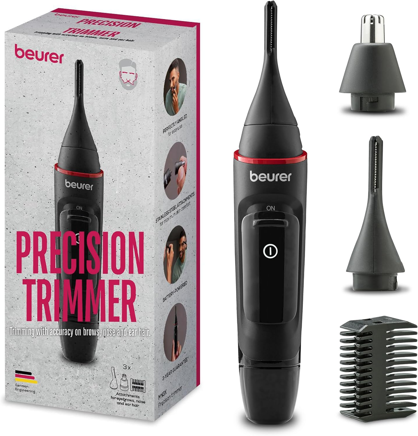 Beurer MN3X Precision Trimmer, Battery Powered Hair Trimmer, 3 High-Quality Attachments Trimmer for Shaping and Trimming Nose, Ear and Eyebrow Hair, Waterproof image number 5