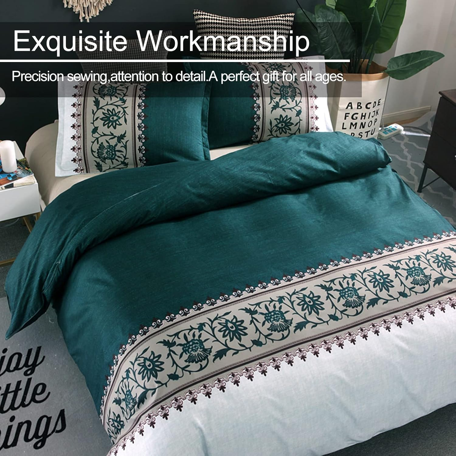 Green Duvet Cover Set King 3 Pieces Reversible Boho Printed Bedding Set Soft Microfiber Quilt Cover with 2 Pillowcases (Green/Beige, 230X220Cm)