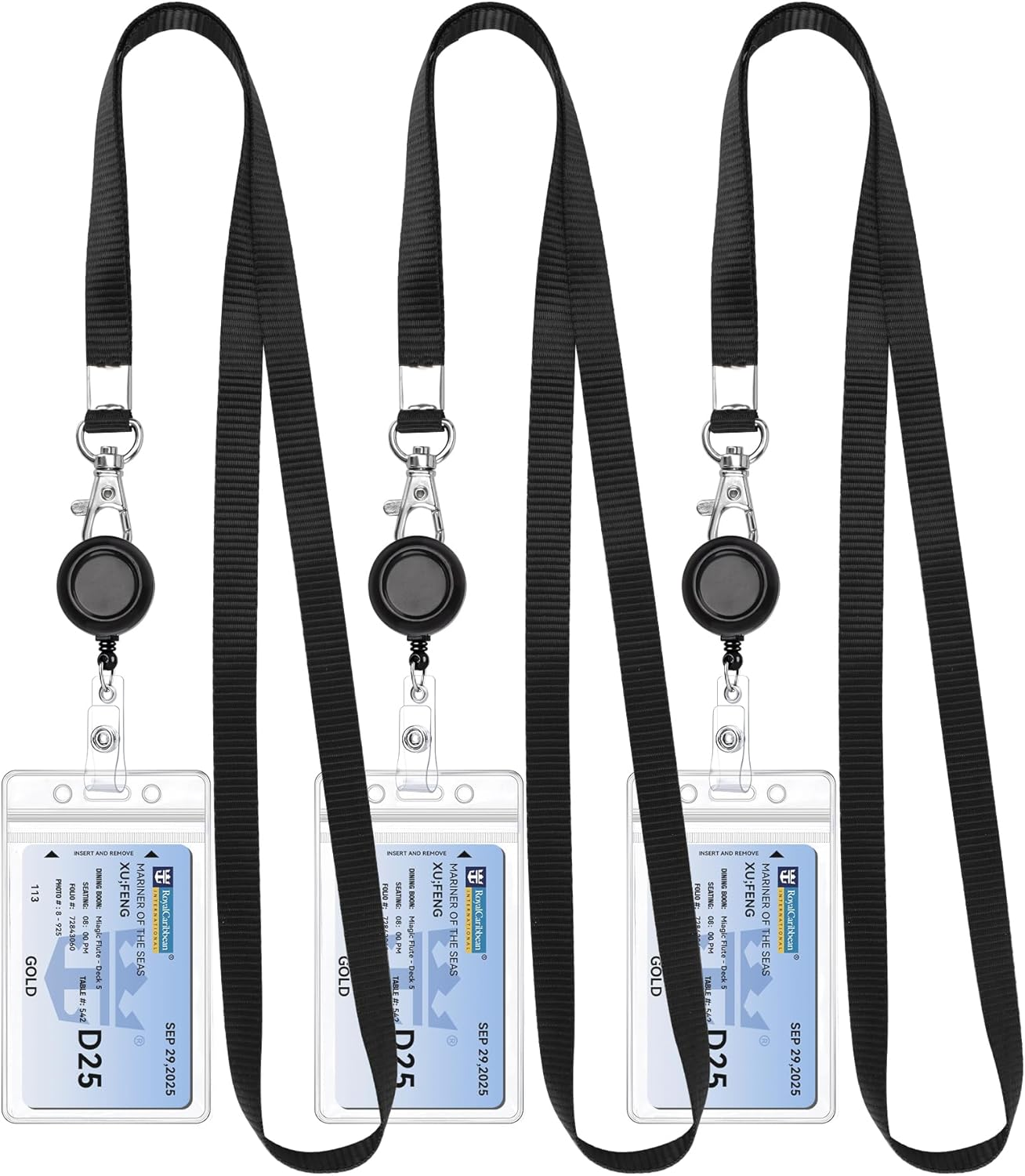 Teskyer Lanyards for Cruise Ship Cards, Lanyards with Waterproof Extra Thick Plastic Clear Badge Holders, Resealable Zip ID Card Holder, 2.5" X 3.5" Inner Size, Vertical Style, Set of 3, Black