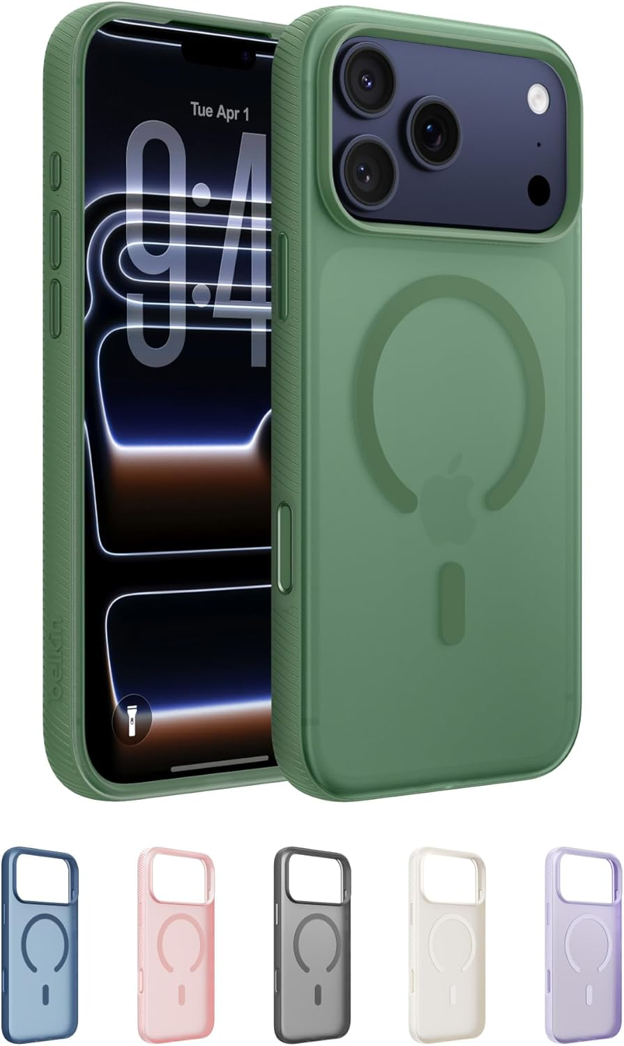 Belkin Sheerforce Grip Magsafe Compatible Iphone 17 Pro Max Case with Slim Design & Anti-Slip Side Lines - Magnetic, Transparent, & Shockproof Protective Iphone Case - Sage