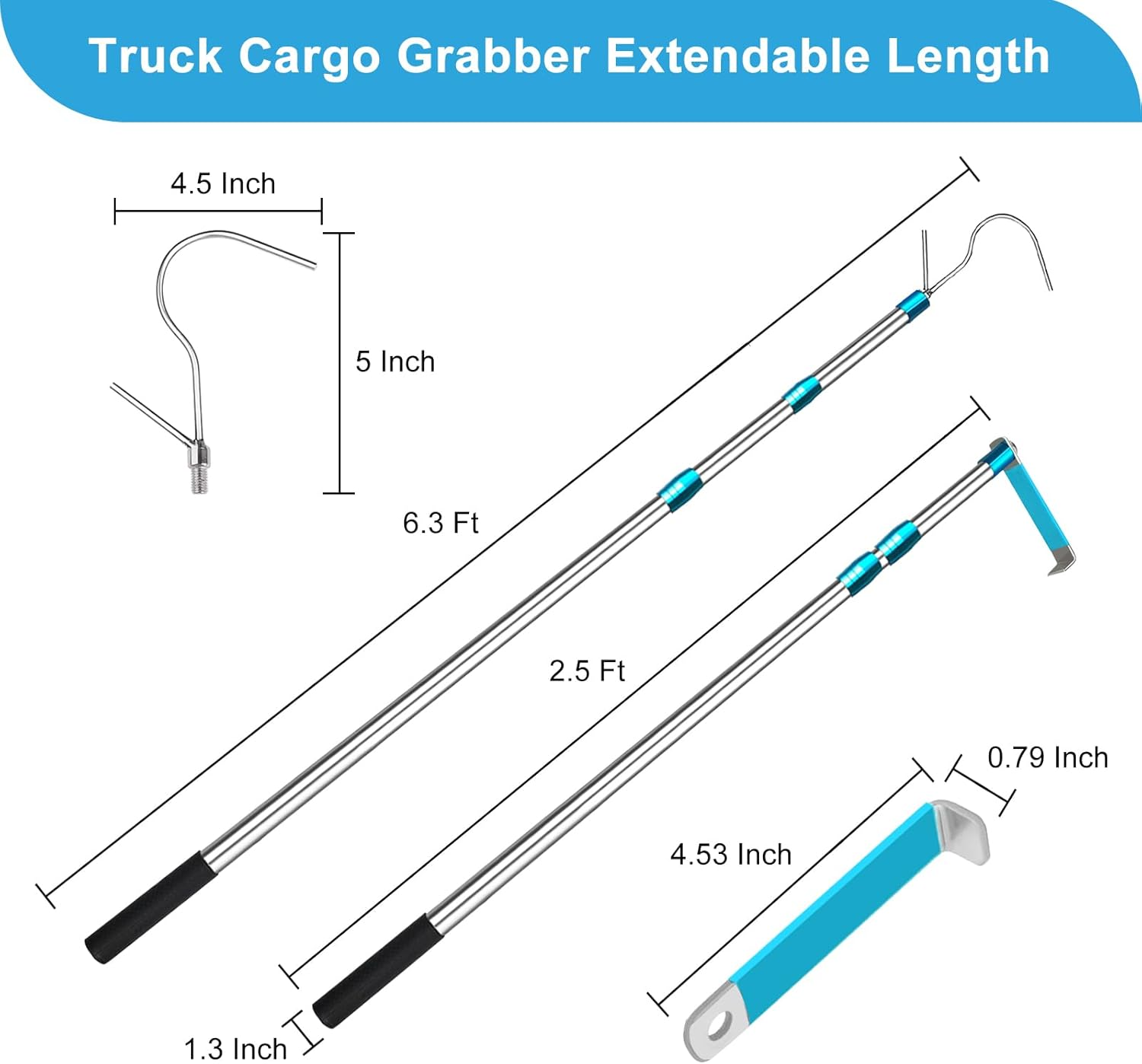 Rtshuok 6.3 Ft Truck Cargo Grabber Bed Reach Tool, Expandable Heavy Duty Stainless Steel Truck Telescoping Pull Pole with Two Hooks for Pickuptruck SUV Boat Accessories - Blue image number 3