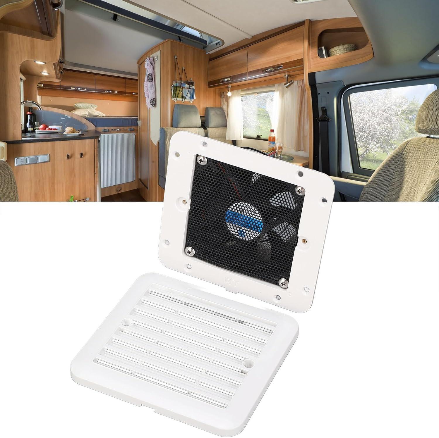 RV Side Vent Fan, 4.8W 12V Vent Fan One Way Side Air Vent Ventilation Exhaust Fan Low Noise Side Air Vent Fan, Exhaust Fan for Motorhome Caravan Trailer Boat Marine, 5.51X5.12In