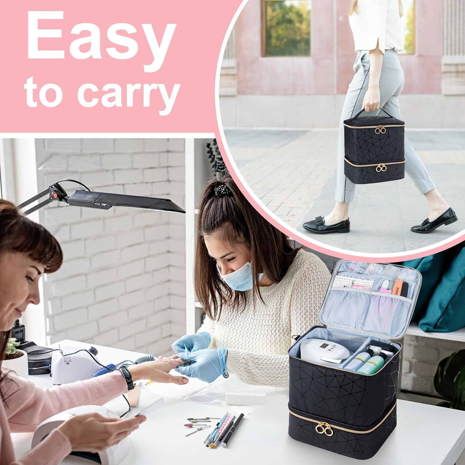 Uross Nail Polish Organizer Bag Holds 30 Bottles Polish & Kit -Nail Polish Storage Organizer Nail Lamp Case Supplies Organizer Case for Nail Tech Big - Black image number 2